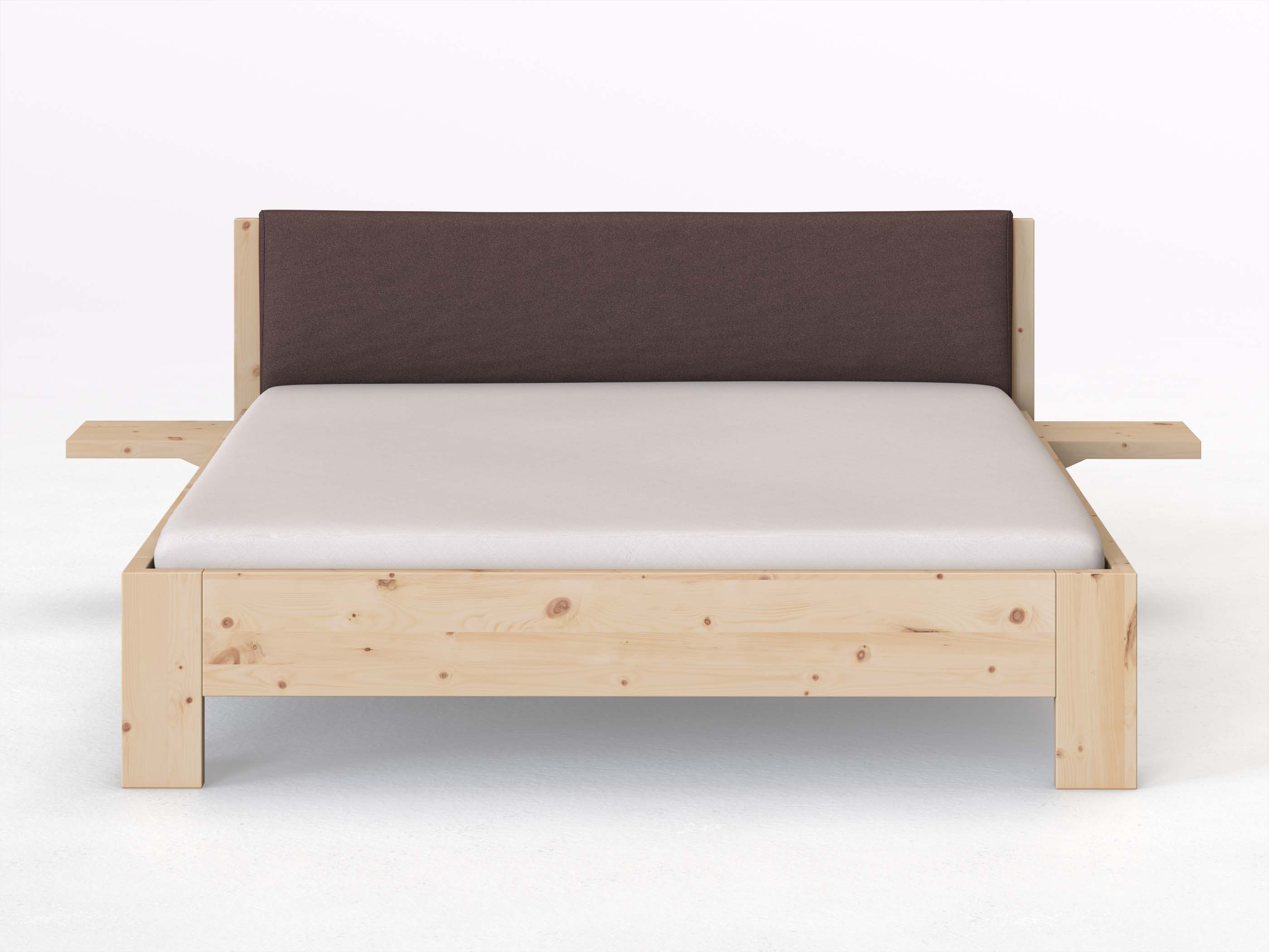 Zirbenbett „Alois“ in 180 x 200 cm mit 2 Ablagen und Stoffkopfteil - Stoff: Schafschurwolle „Loden“ in der Farbe Abenddämmerung