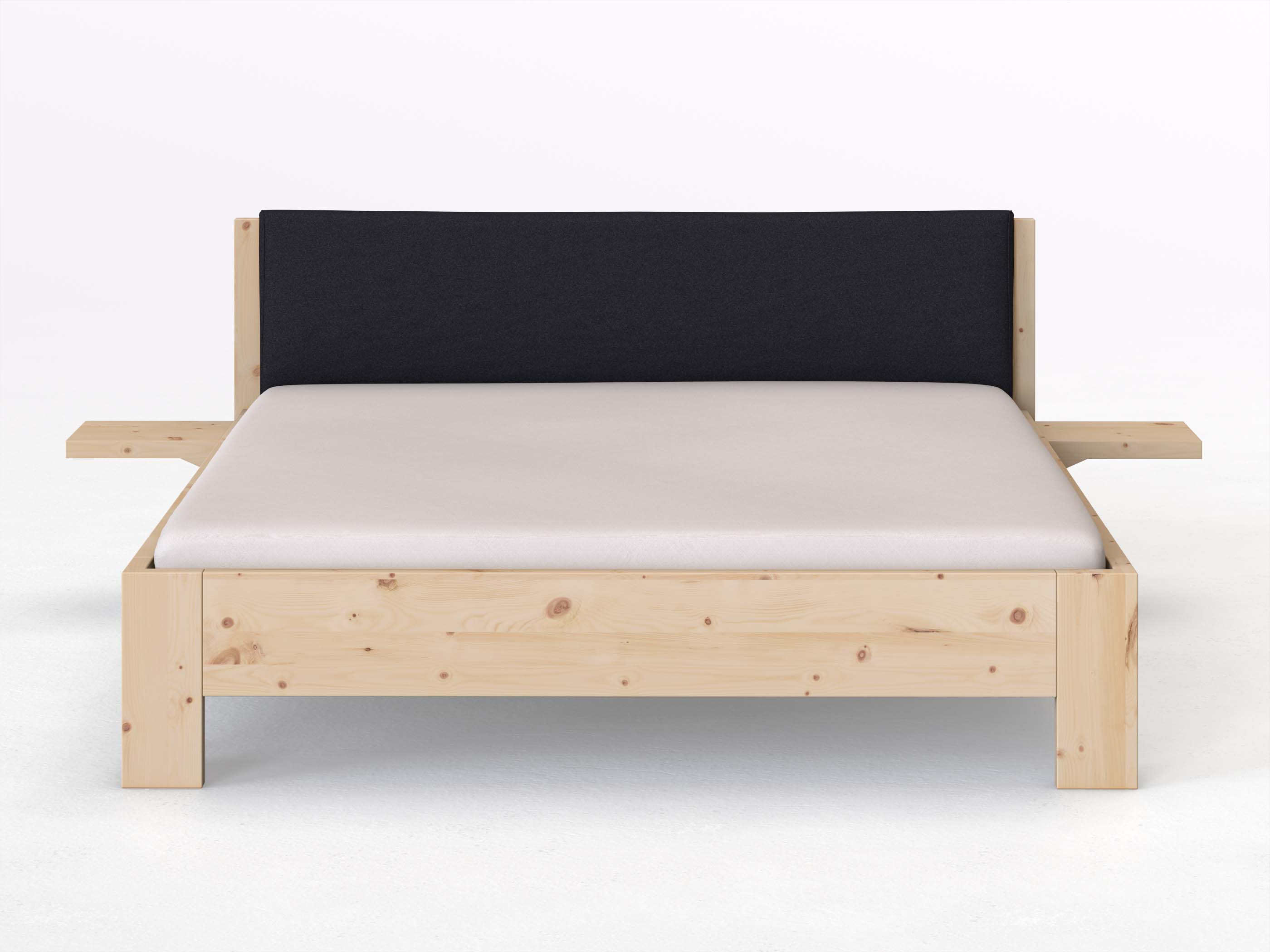Zirbenbett „Alois“ in 180 x 200 cm mit 2 Ablagen und Stoffkopfteil - Stoff: Schafschurwolle „Loden“ in der Farbe Nachtblau