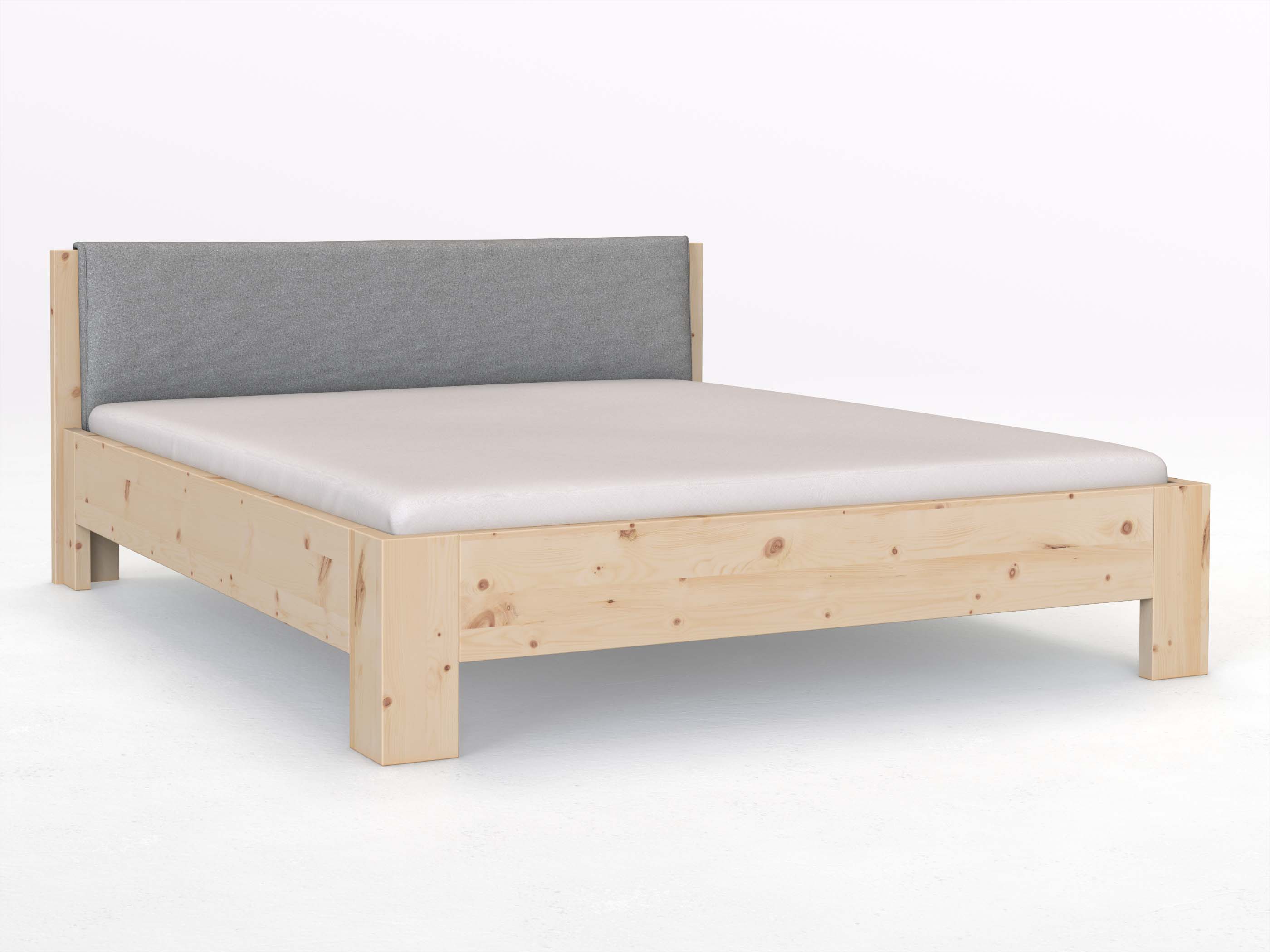 Zirbenbett „Alois“ in 180 x 200 cm, mit Stoffkopfteil - Stoff: Schafschurwolle „Loden“ in der Farbe Nebelgrau