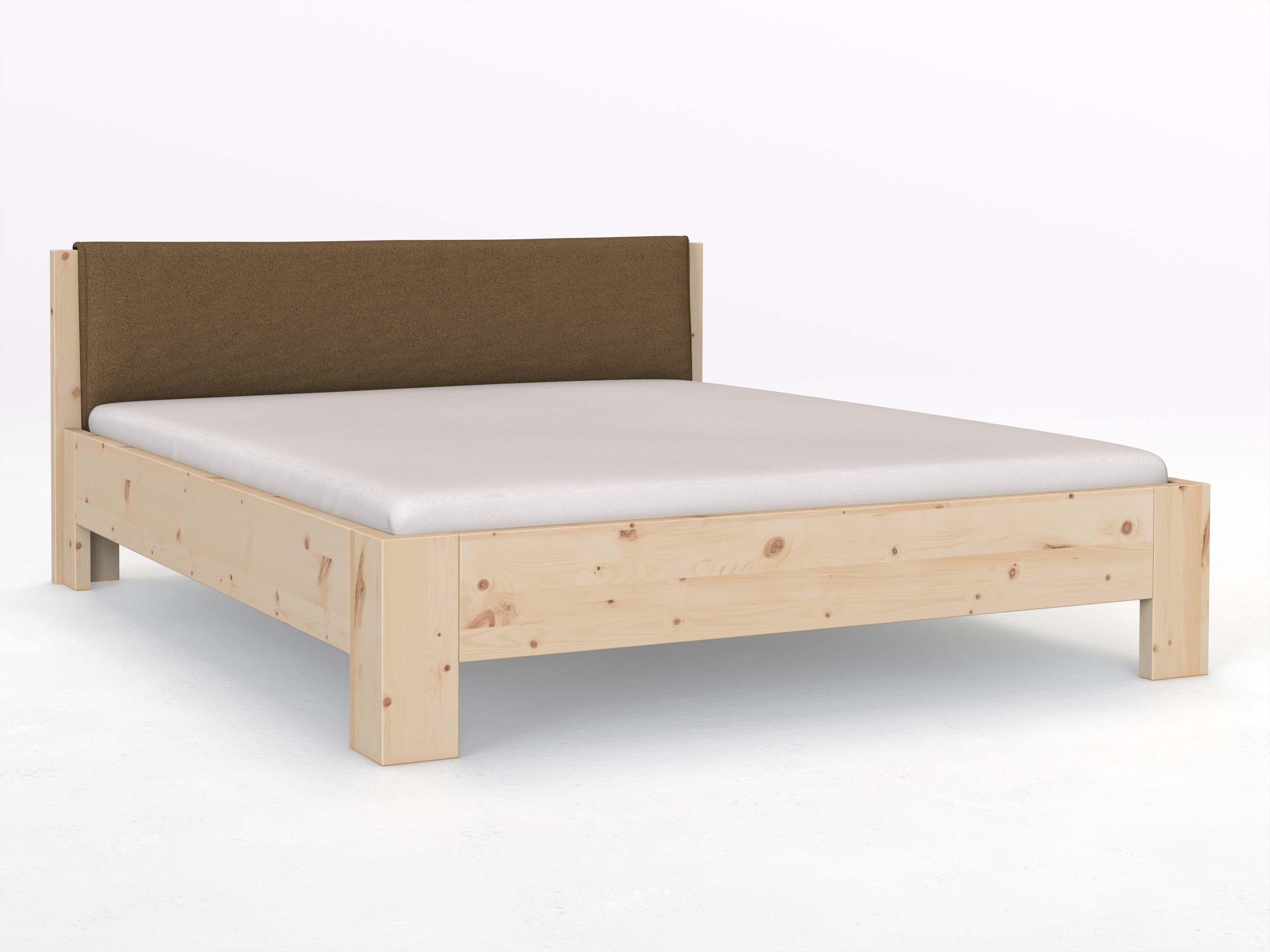 Zirbenbett „Alois“ in 180 x 200 cm, mit Stoffkopfteil - Stoff: Schafschurwolle „Loden“ in der Farbe Zimtrinde
