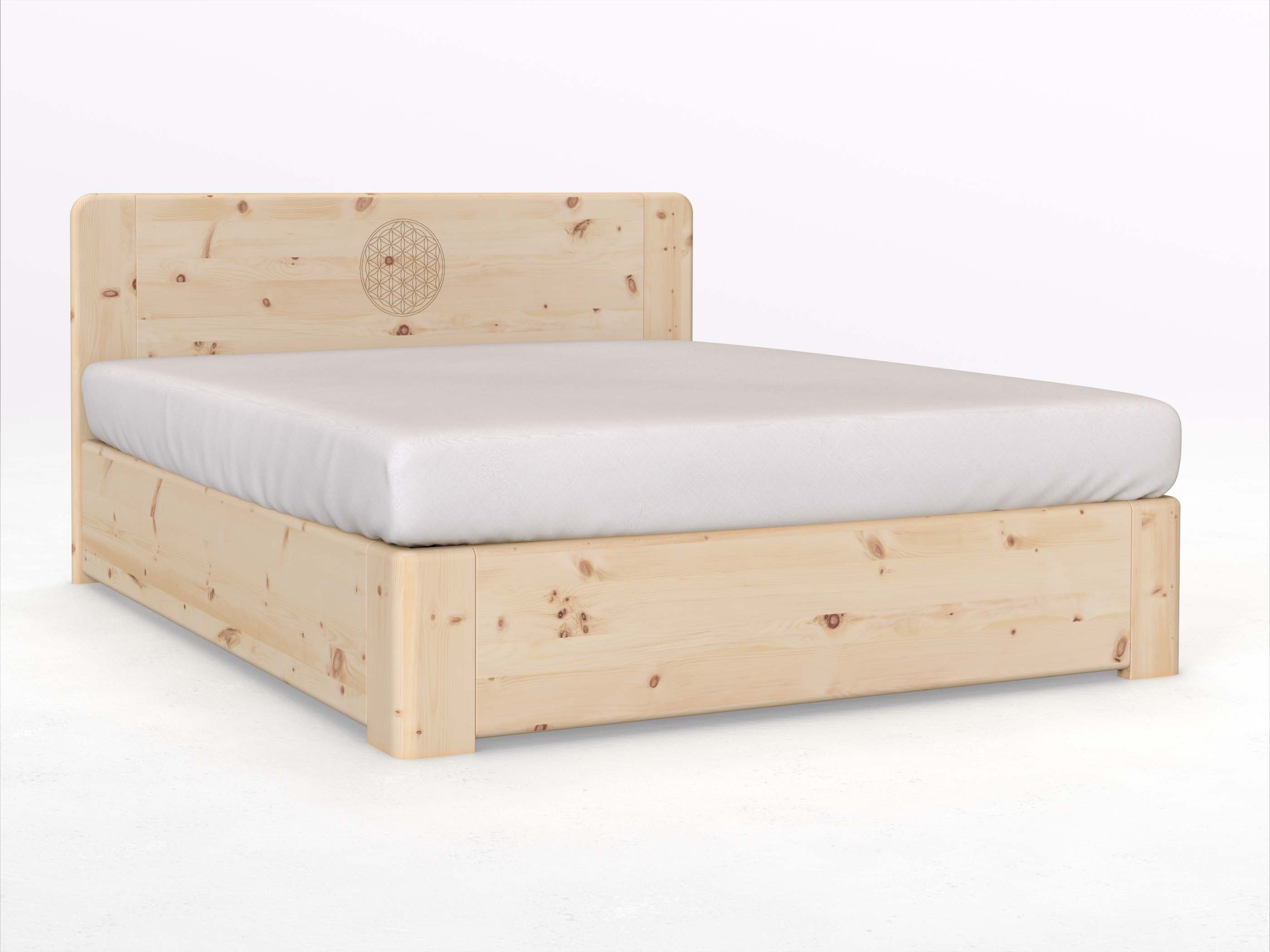 Zirbenbett „Niklas“ Boxspring 180 x 200 cm mit Gravur „Blume des Lebens“, ohne Unterbettkommode