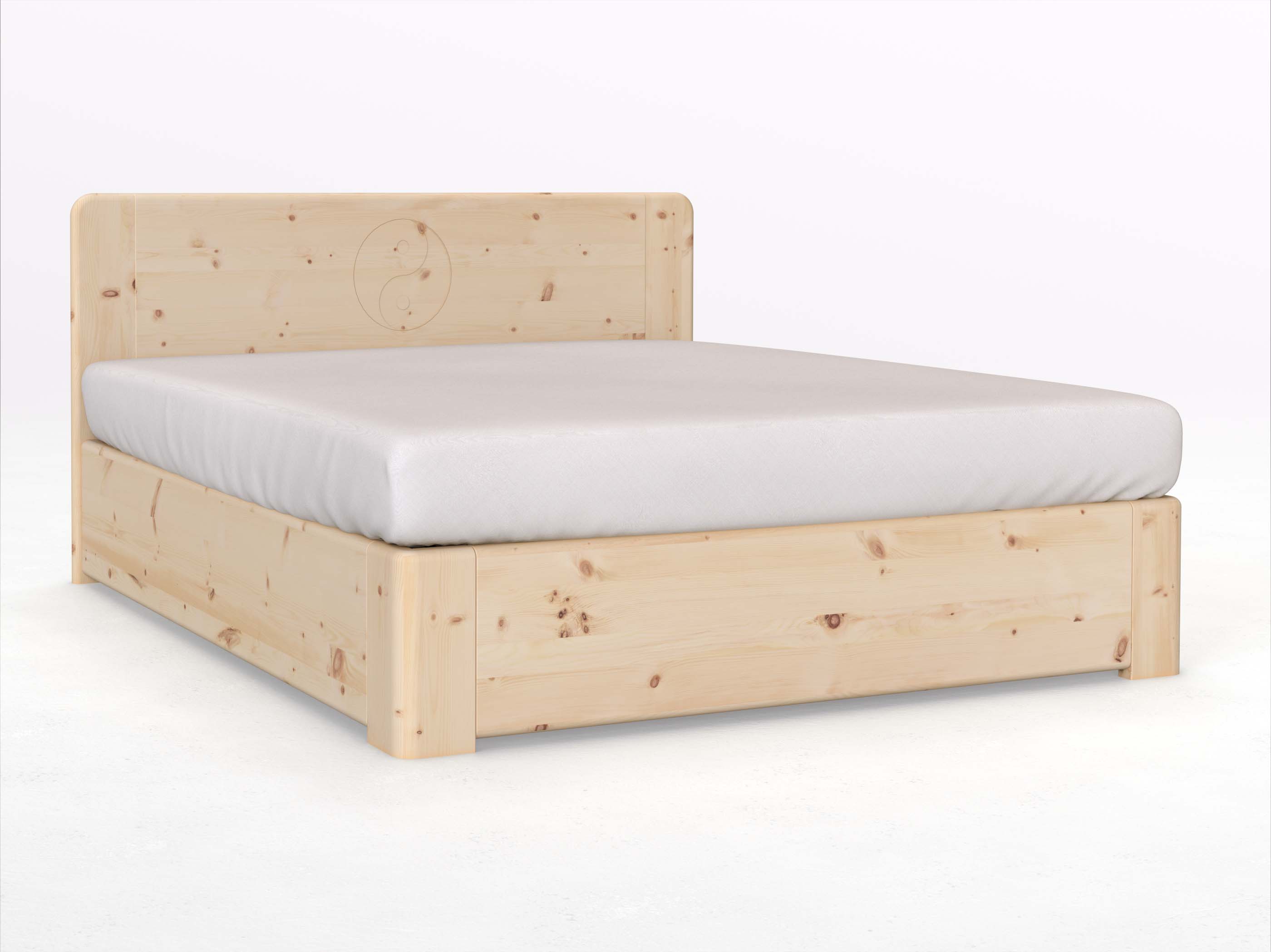 Zirbenbett „Niklas“ Boxspring 180 x 200 cm mit Gravur „Yin Yang“, ohne Unterbettkommode