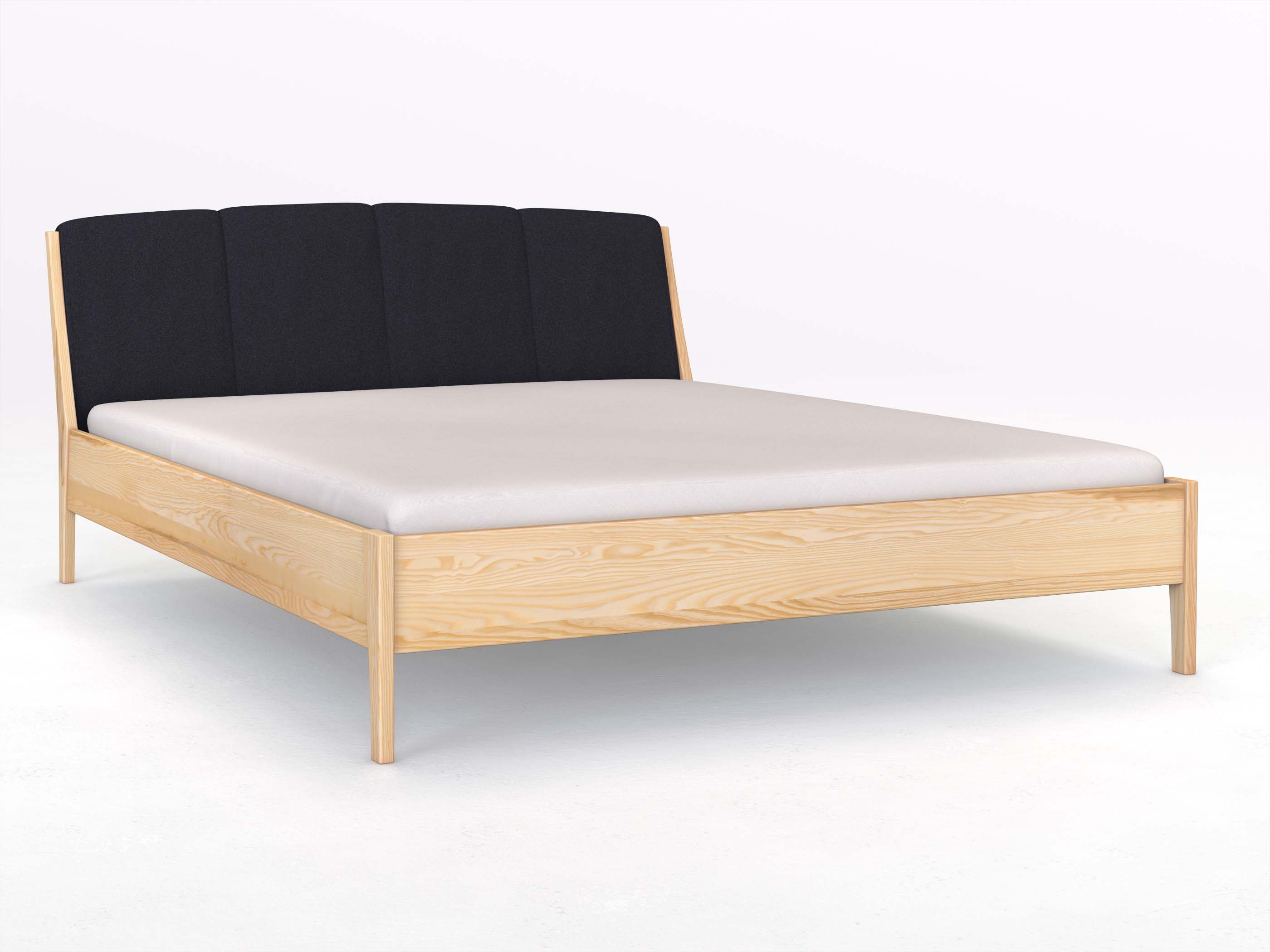 Eschenbett „Oliver“ in 180 x 200 cm, mit Kopfteil „genäht“ - Stoff: Schafschurwolle „Loden“ in der Farbe Nachtblau