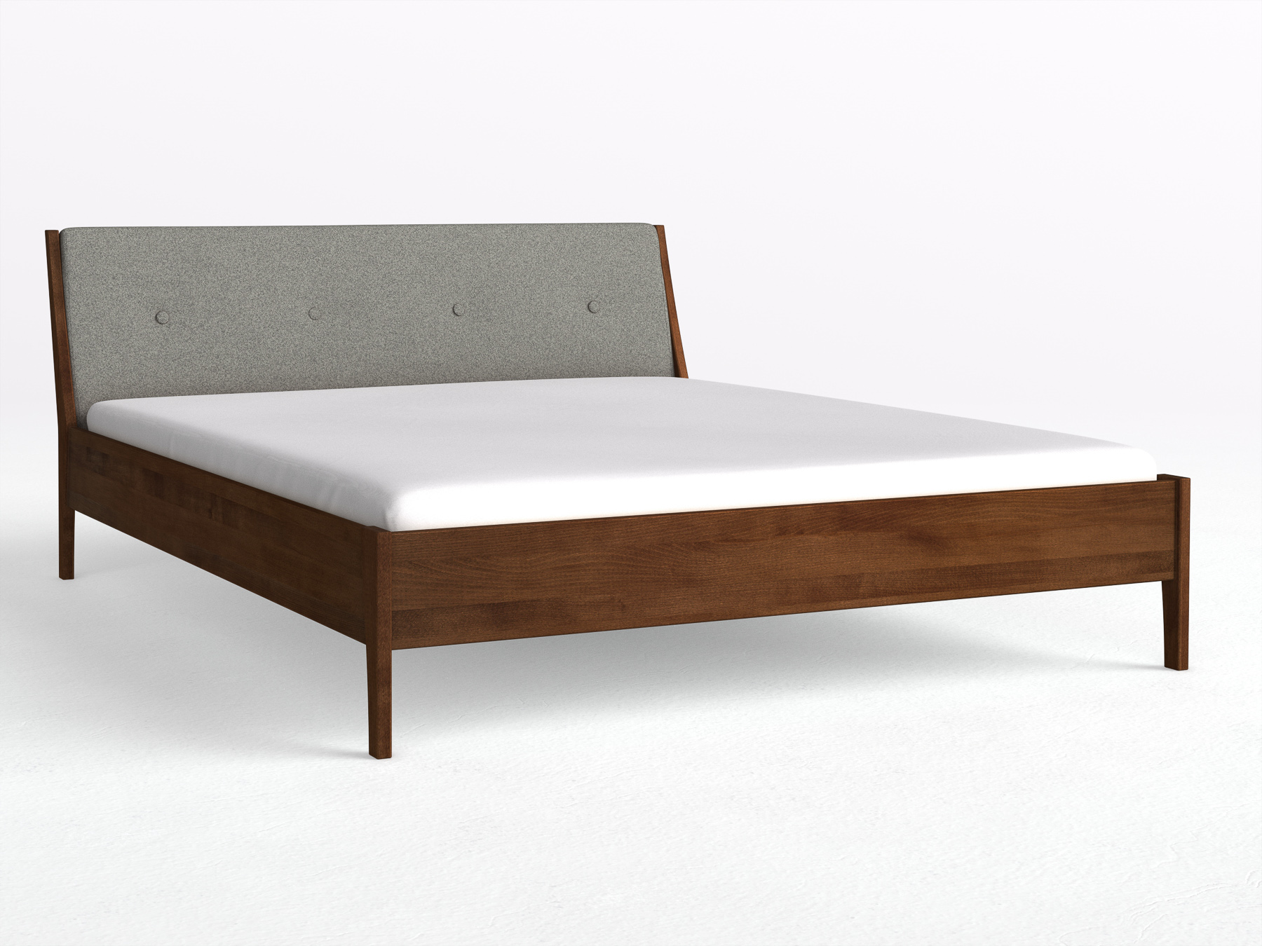 Buchenbett Dunkel „Oliver“ in 180 x 200 cm, mit Kopfteil „geknöpft“ - Stoff: Schafschurwolle „Fischgrät“ in der Farbe Grauer Mohn