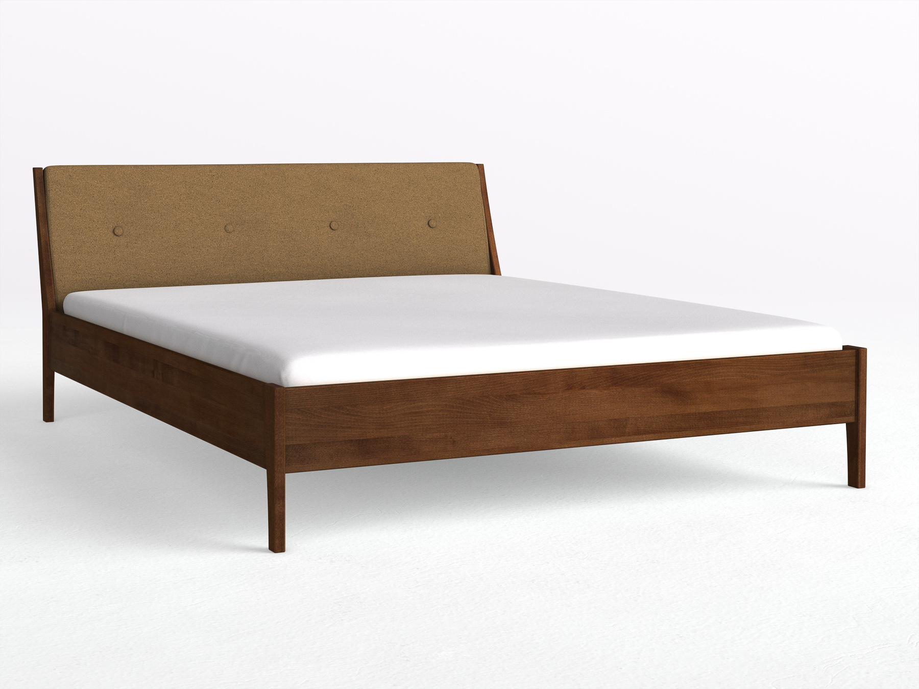 Buchenbett Dunkel „Oliver“ in 180 x 200 cm, mit Kopfteil „geknöpft“ - Stoff: Schafschurwolle „Loden“ in der Farbe Zimtrinde