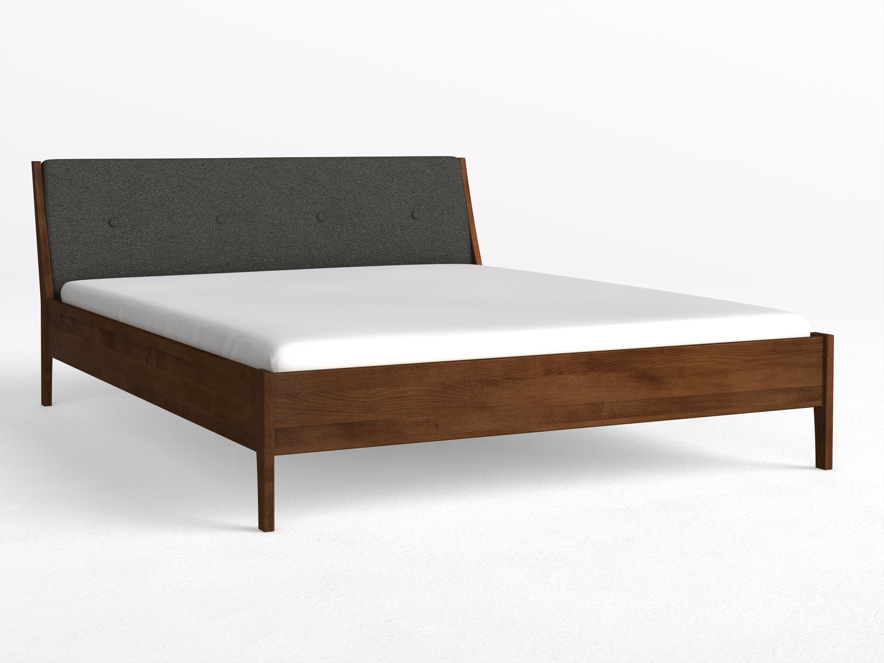 Buchenbett Dunkel „Oliver“ in 180 x 200 cm, mit Kopfteil „geknöpft“ - Stoff: Schafschurwolle „Loden“ in der Farbe Anthrazit