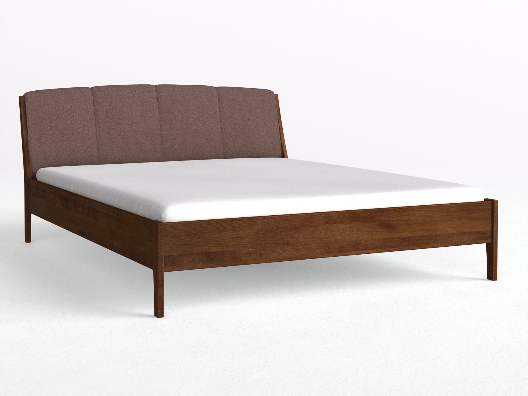 Buchenbett Dunkel „Oliver“ in 180 x 200 cm, mit Kopfteil „genäht“ - Stoff: Schafschurwolle „Loden“ in der Farbe Abenddämmerung