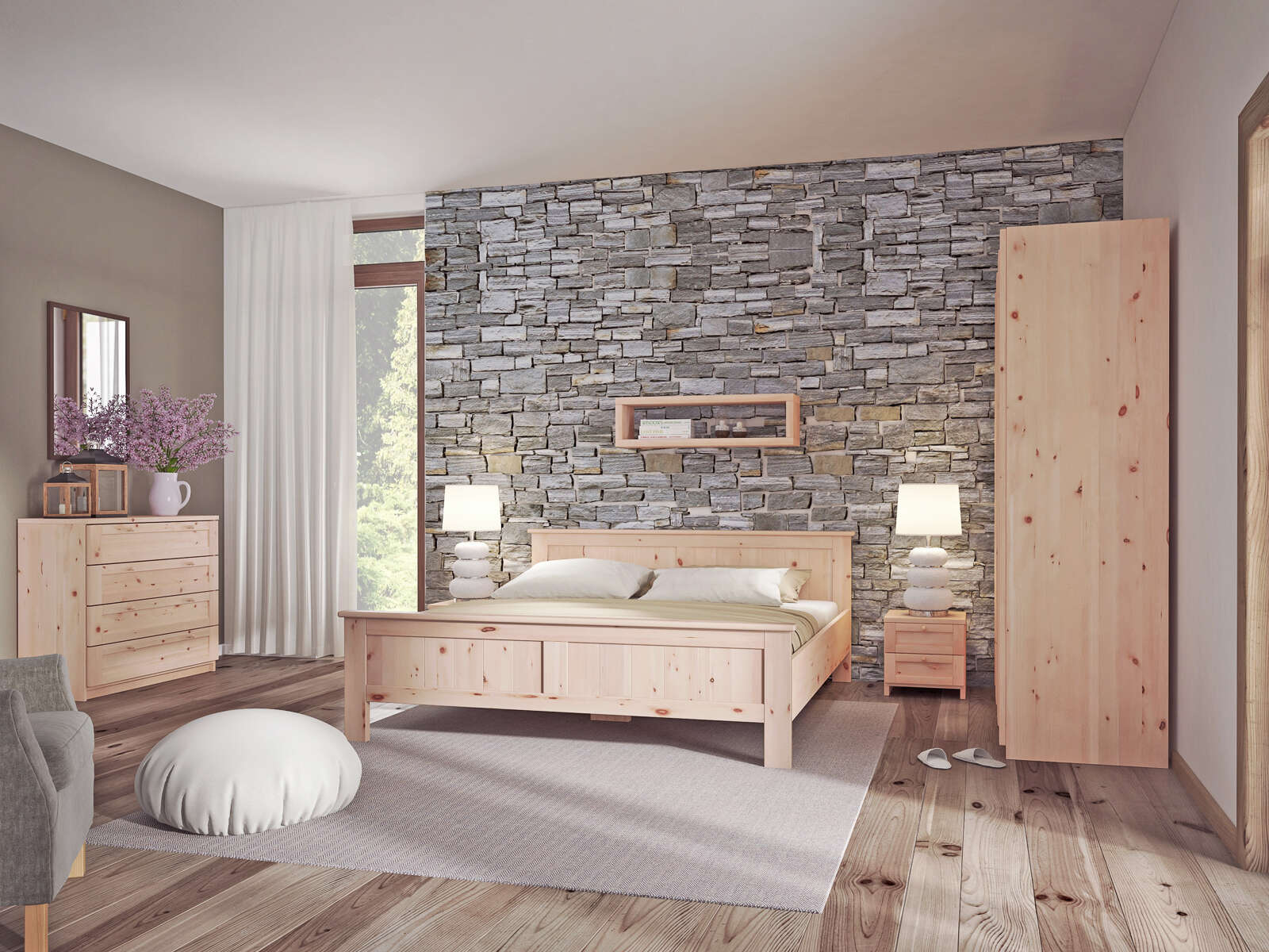 Zirbenschlafzimmer mit Zirbenbett und Nachtkästchen Zirbe