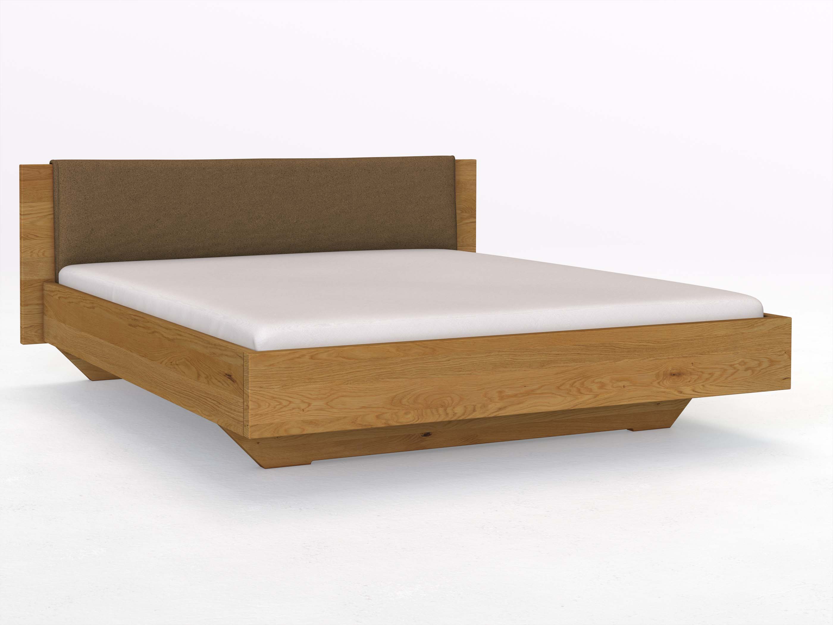 Eichenbett „Patrizia“ in 180 x 200 cm, mit Stoffkopfteil - Stoff: Schafschurwolle „Loden“ in der Farbe Zimtrinde