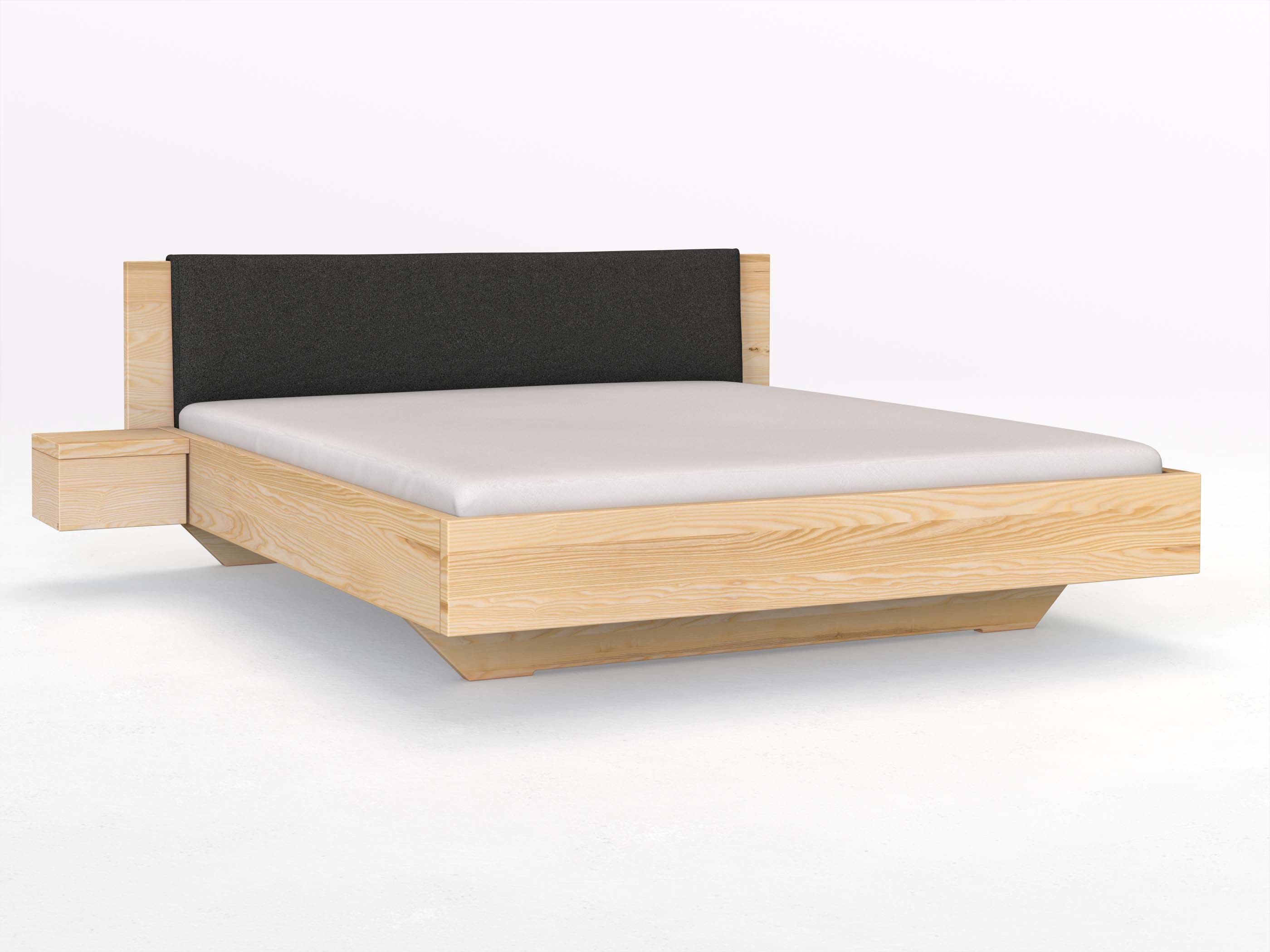 Eschenbett „Patrizia“ in 180 x 200 cm mit zwei Nachttische und Stoffkopfteil - Stoff: Schafschurwolle „Loden“ in der Farbe Anthrazit