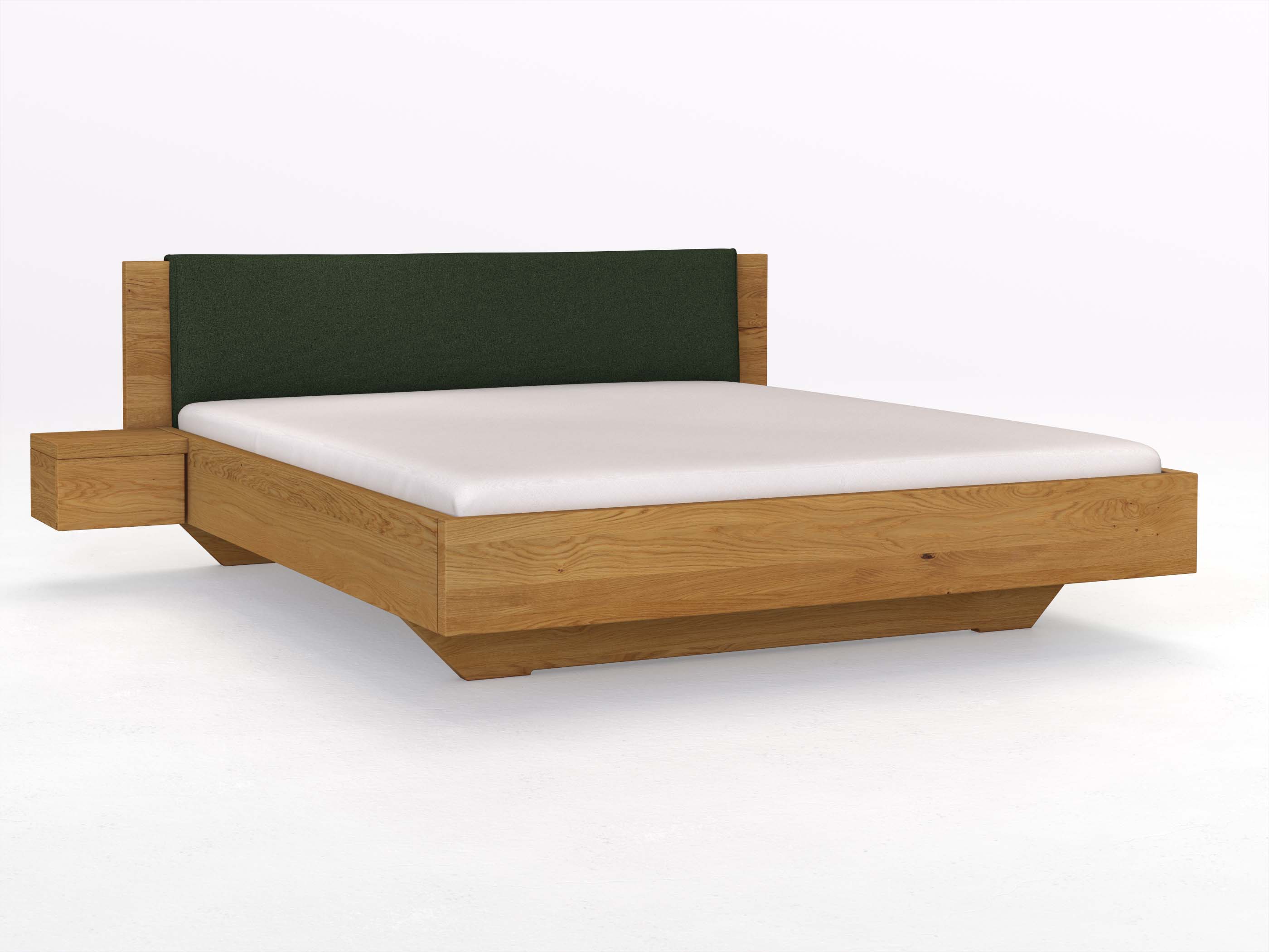 Eichenbett „Patrizia“ in 180 x 200 cm, mit Stoffkopfteil - Stoff: Schafschurwolle „Loden“ in der Farbe Tannenwald