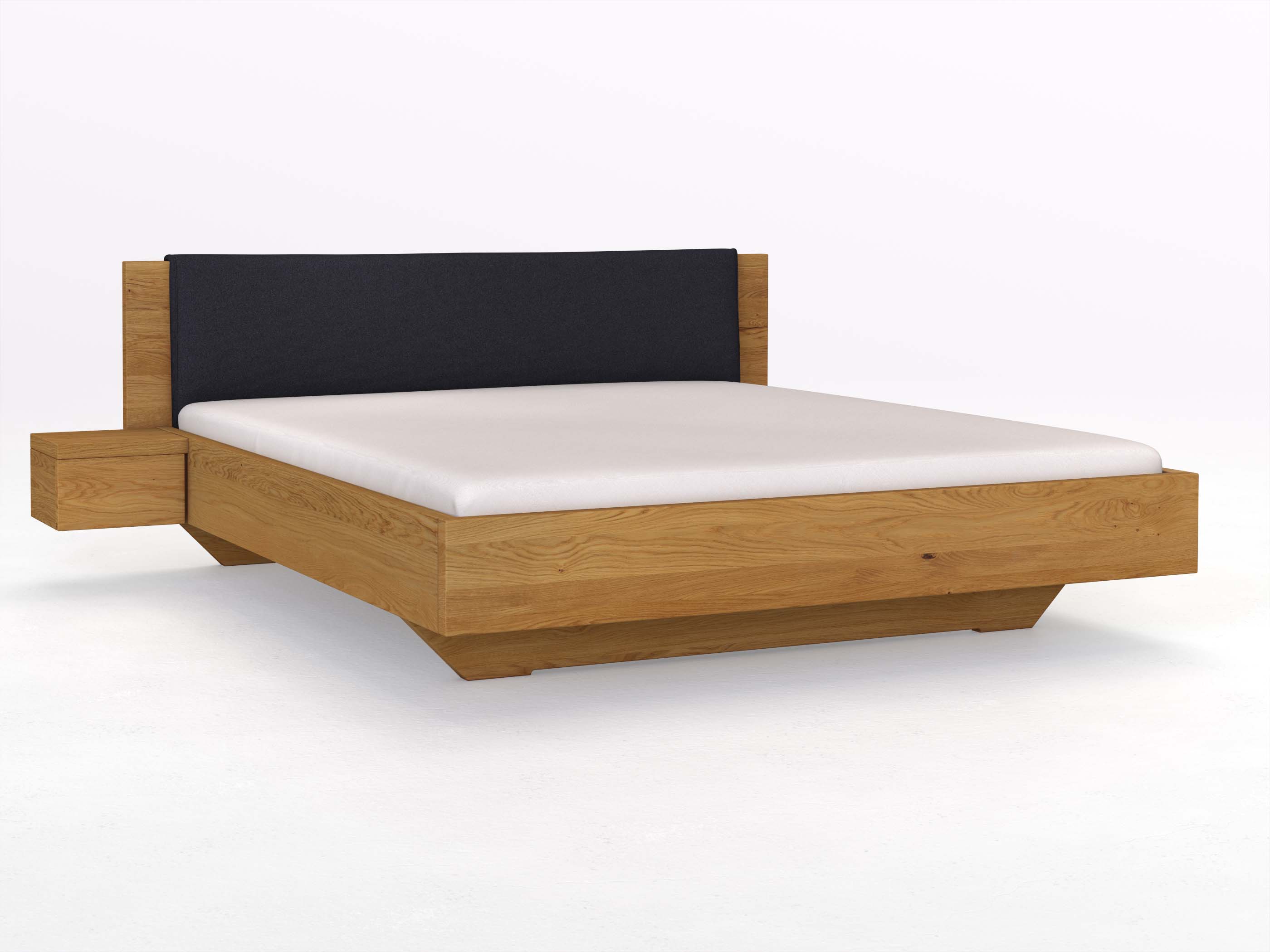 Eichenbett „Patrizia“ in 180 x 200 cm, mit Stoffkopfteil - Stoff: Schafschurwolle „Loden“ in der Farbe Nachtblau