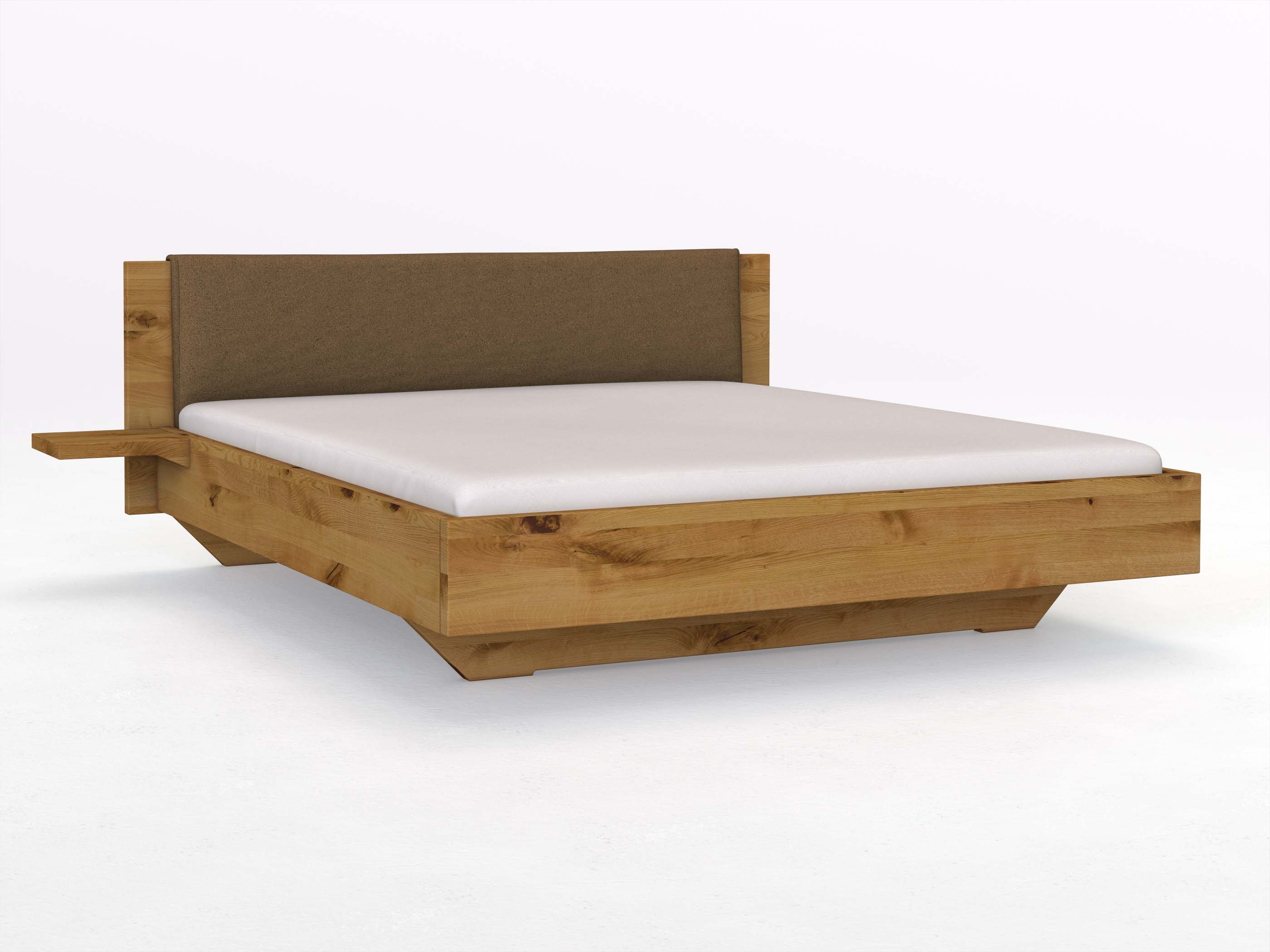 Wildeichenbett „Patrizia“ in 180 x 200 cm mit zwei Ablage und Stoffkopfteil - Stoff: Schafschurwolle „Loden“ in der Farbe Zimtrinde