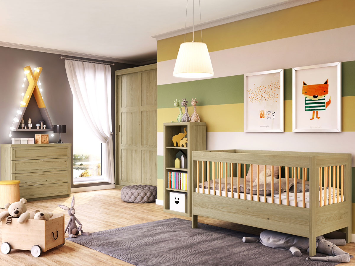 Kinderzimmer mit Babybett „Paula“ 70 x 140 cm in Kastanie massiv