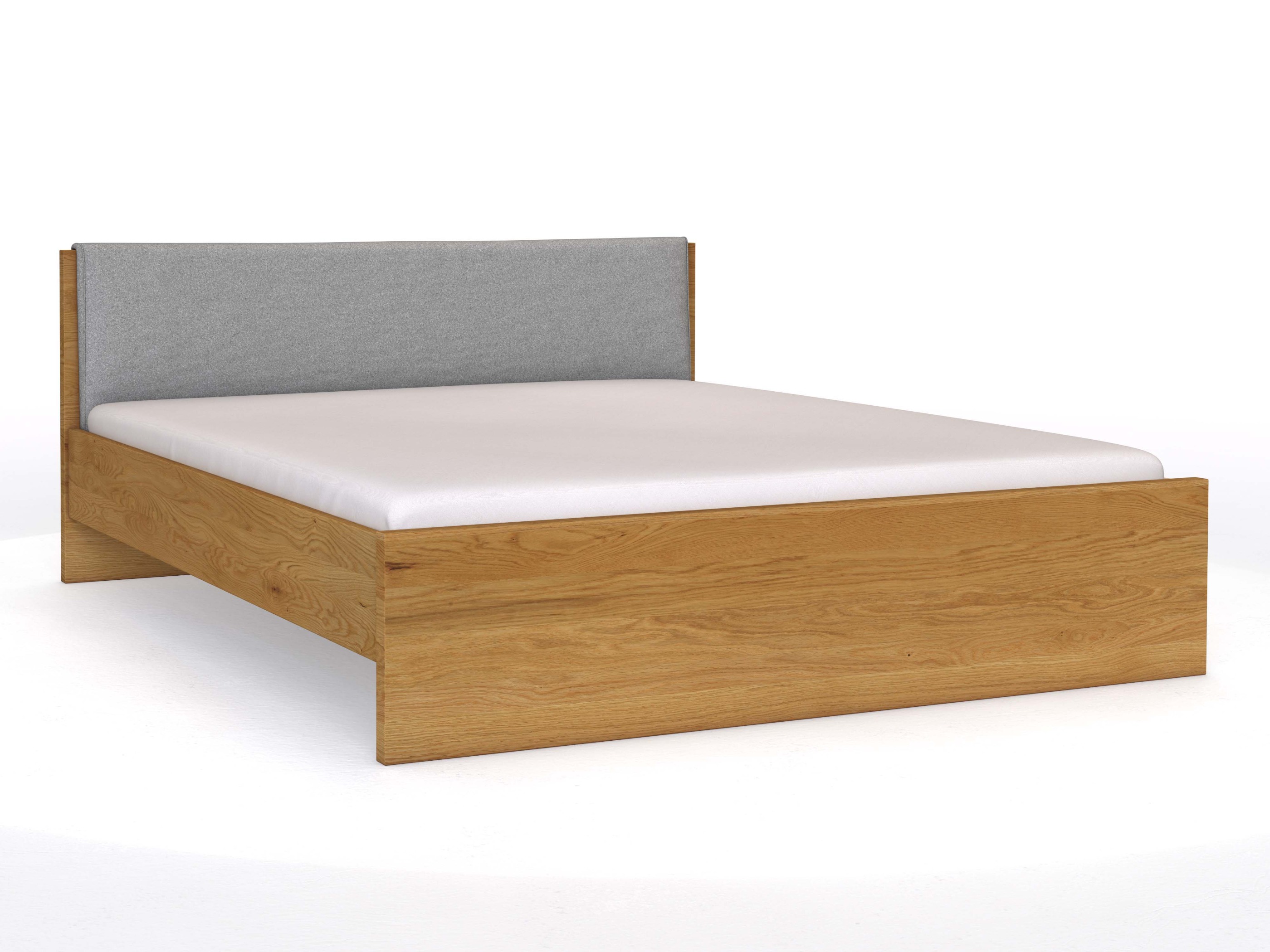 Eichenbett „Raphaela“ in 180 x 200 cm, mit Stoffkopfteil - Stoff: Schafschurwolle „Loden“ in der Farbe Nebelgrau