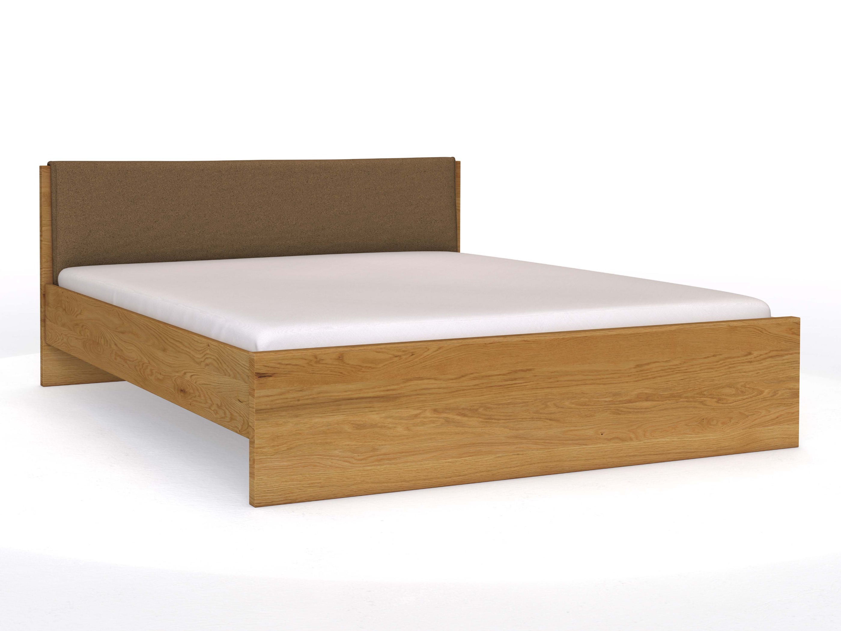 Eichenbett „Raphaela“ in 180 x 200 cm, mit Stoffkopfteil - Stoff: Schafschurwolle „Loden“ in der Farbe Zimtrinde