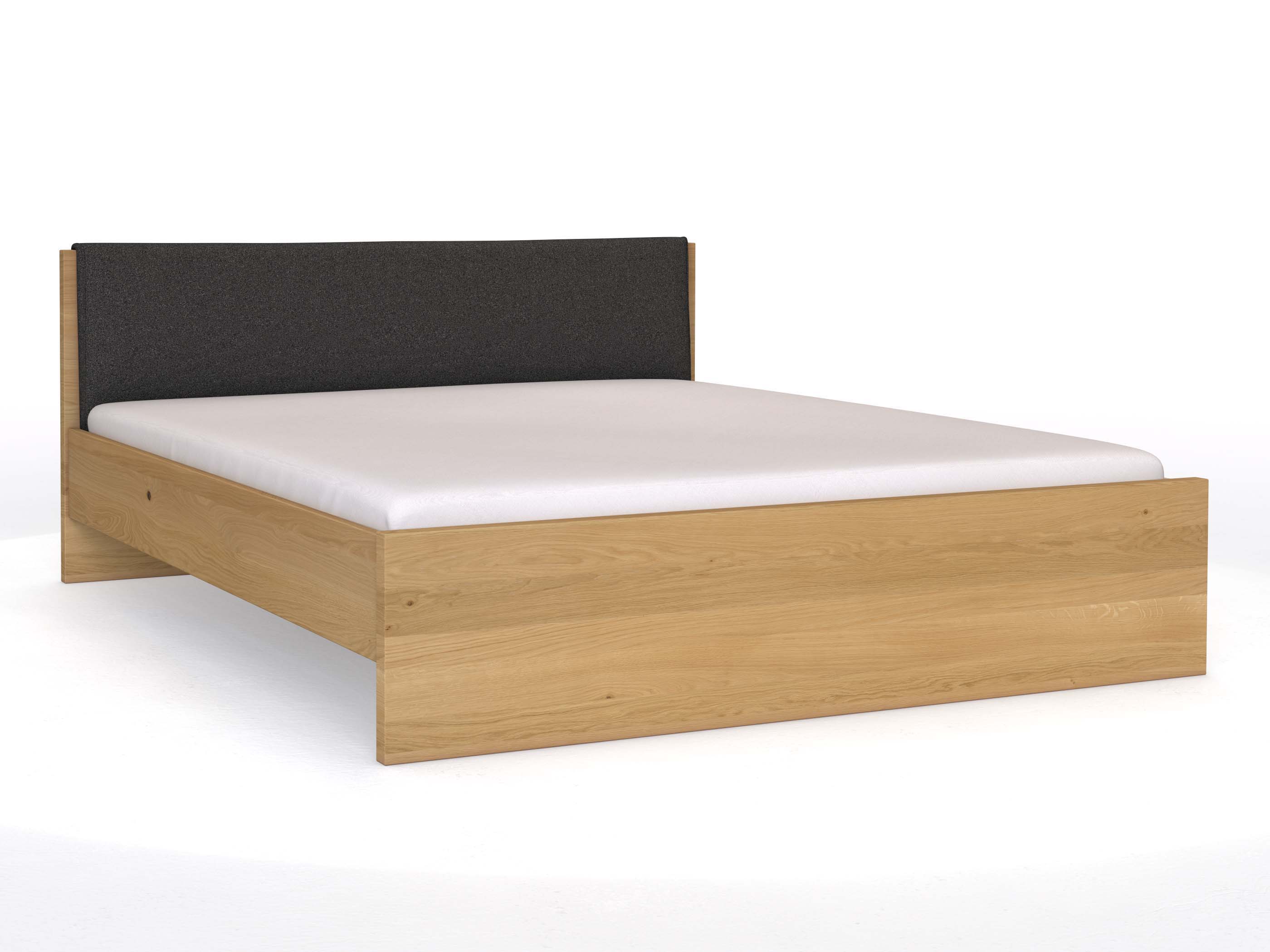 Eichenbett Hell „Raphaela“ in 180 x 200 cm, mit Stoffkopfteil - Stoff: Schafschurwolle „Loden“ in der Farbe Anthrazit