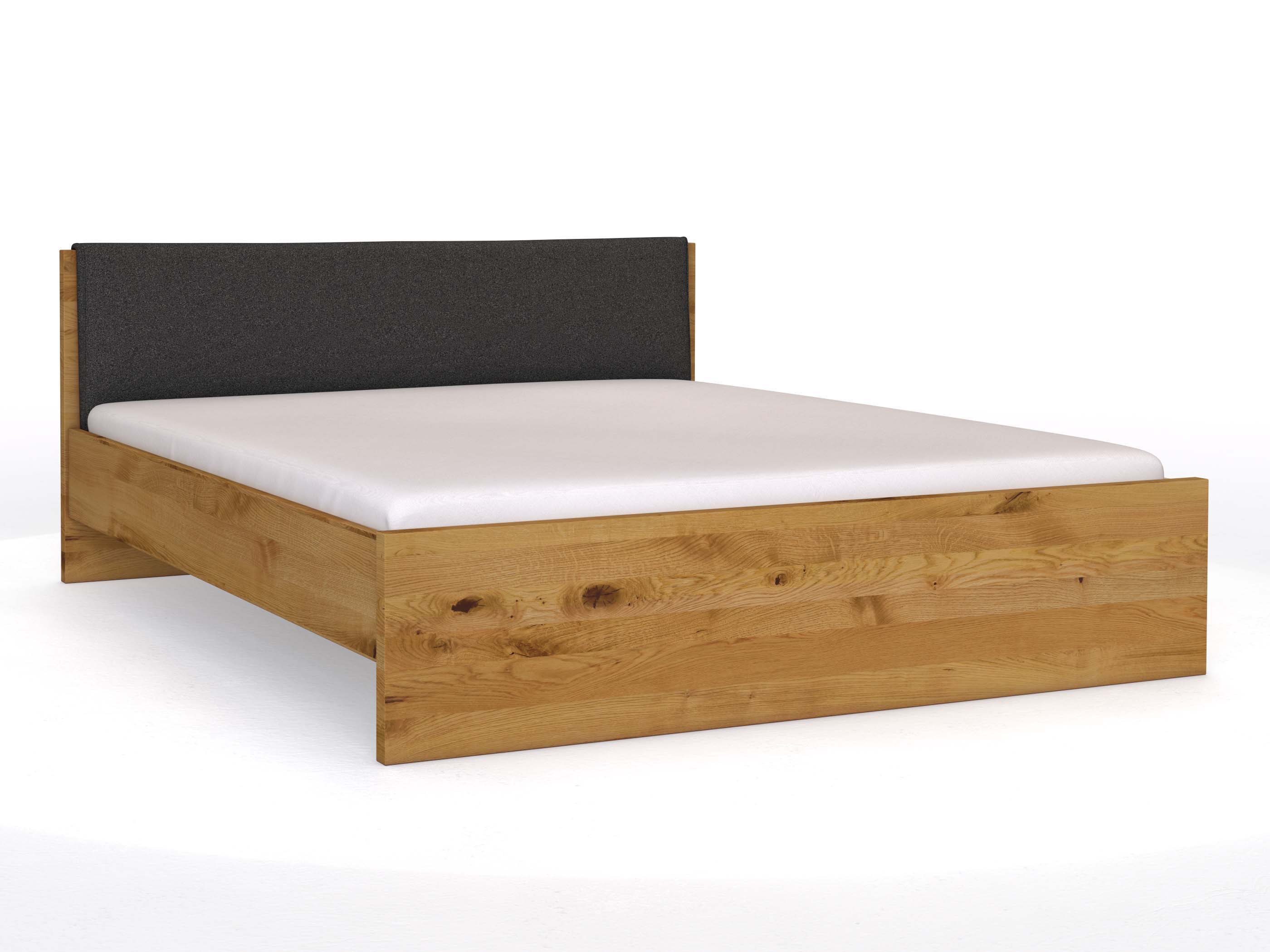 Wildeichenbett „Raphaela“ in 180 x 200 cm, mit Stoffkopfteil - Stoff: Schafschurwolle „Loden“ in der Farbe Anthrazit