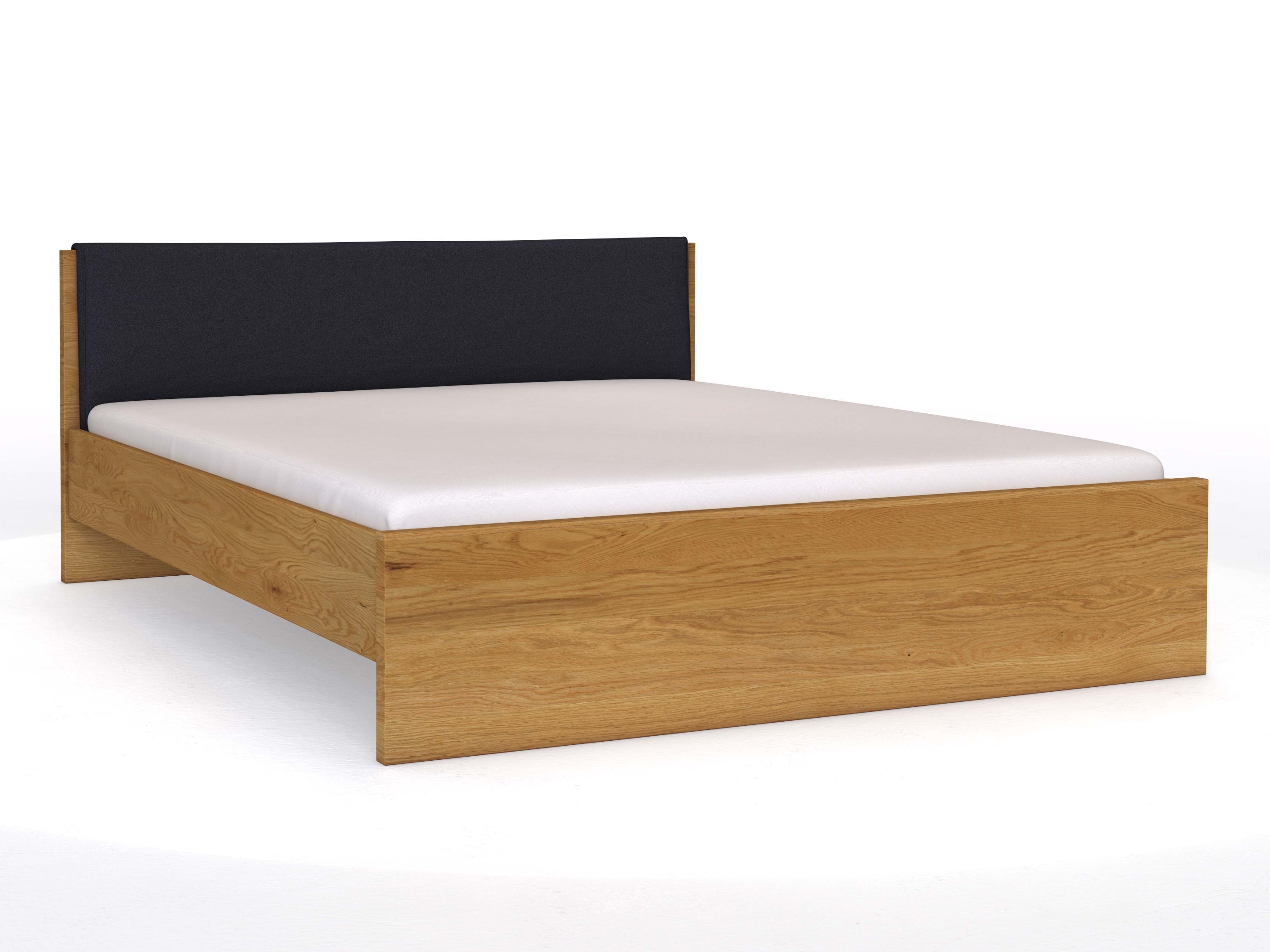 Eichenbett „Raphaela“ in 180 x 200 cm, mit Stoffkopfteil - Stoff: Schafschurwolle „Loden“ in der Farbe Nachtblau