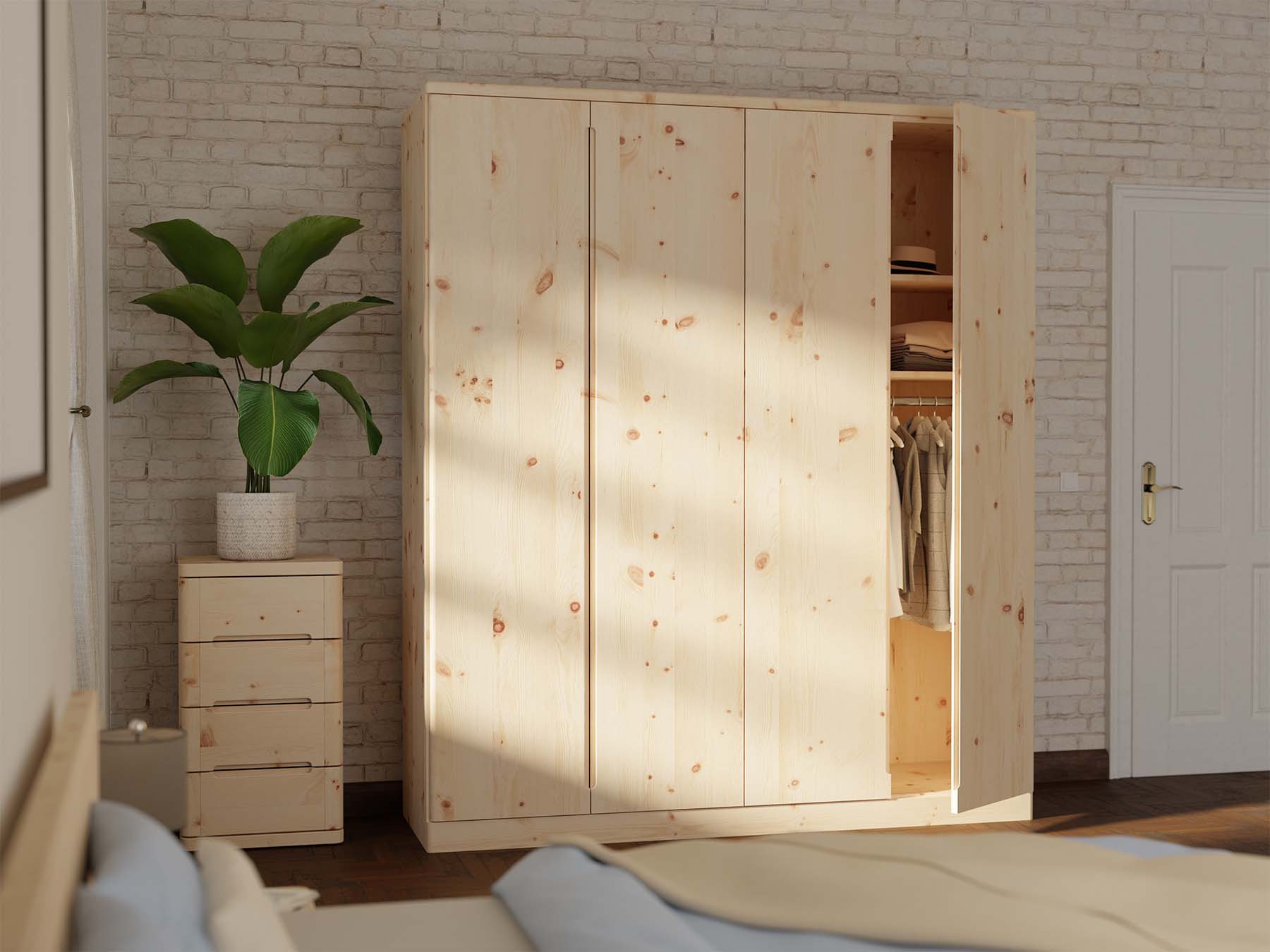Zirbenschrank „Ramon“, 4-türig, Höhe 237 cm mit Kommode „Ella“ 50 cm