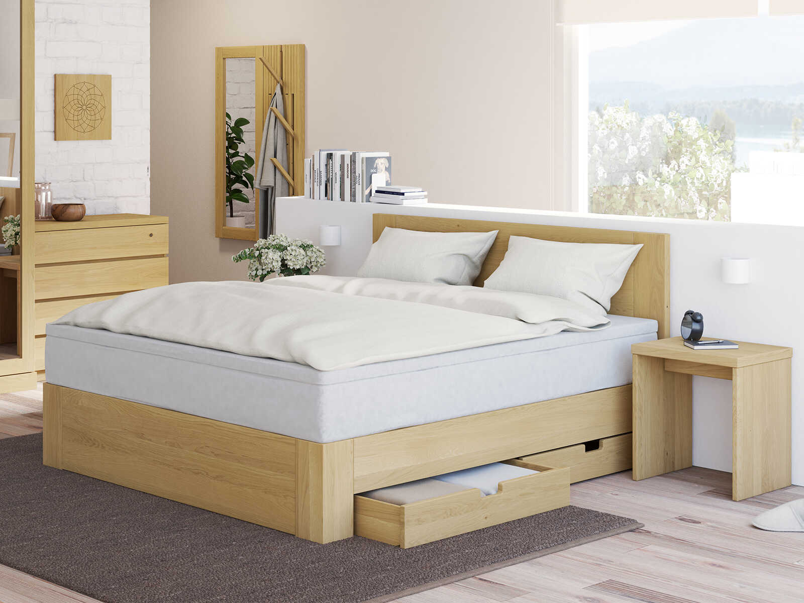 Boxspringbett „Alois“ aus Eiche Hell ohne Gravur, mit zwei Unterbettkommoden (2 x 91 cm) rechts