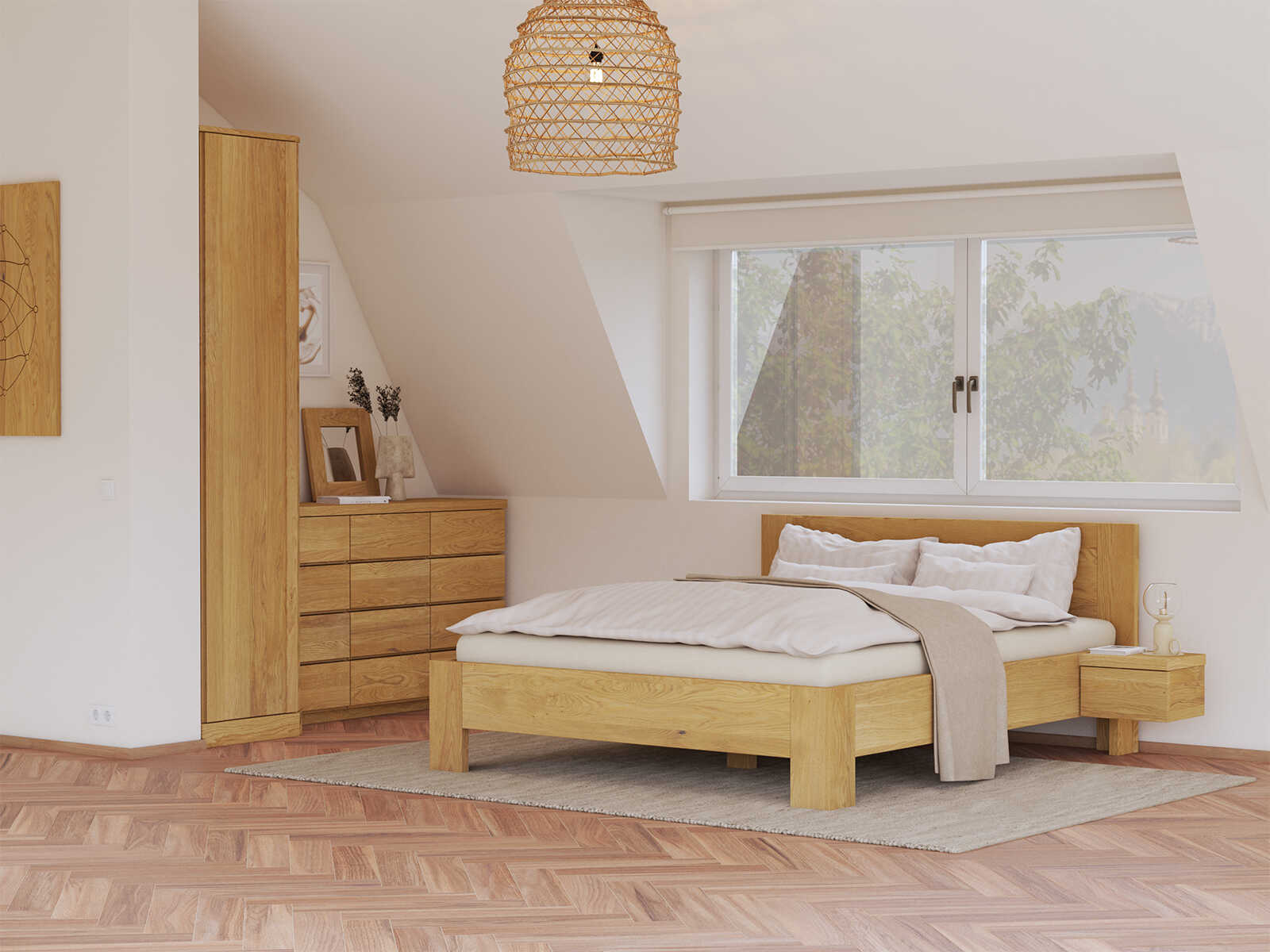 Schlafzimmer mit Eichenbett „Alois“ in 160 x 200 cm, mit zwei Nachttischen