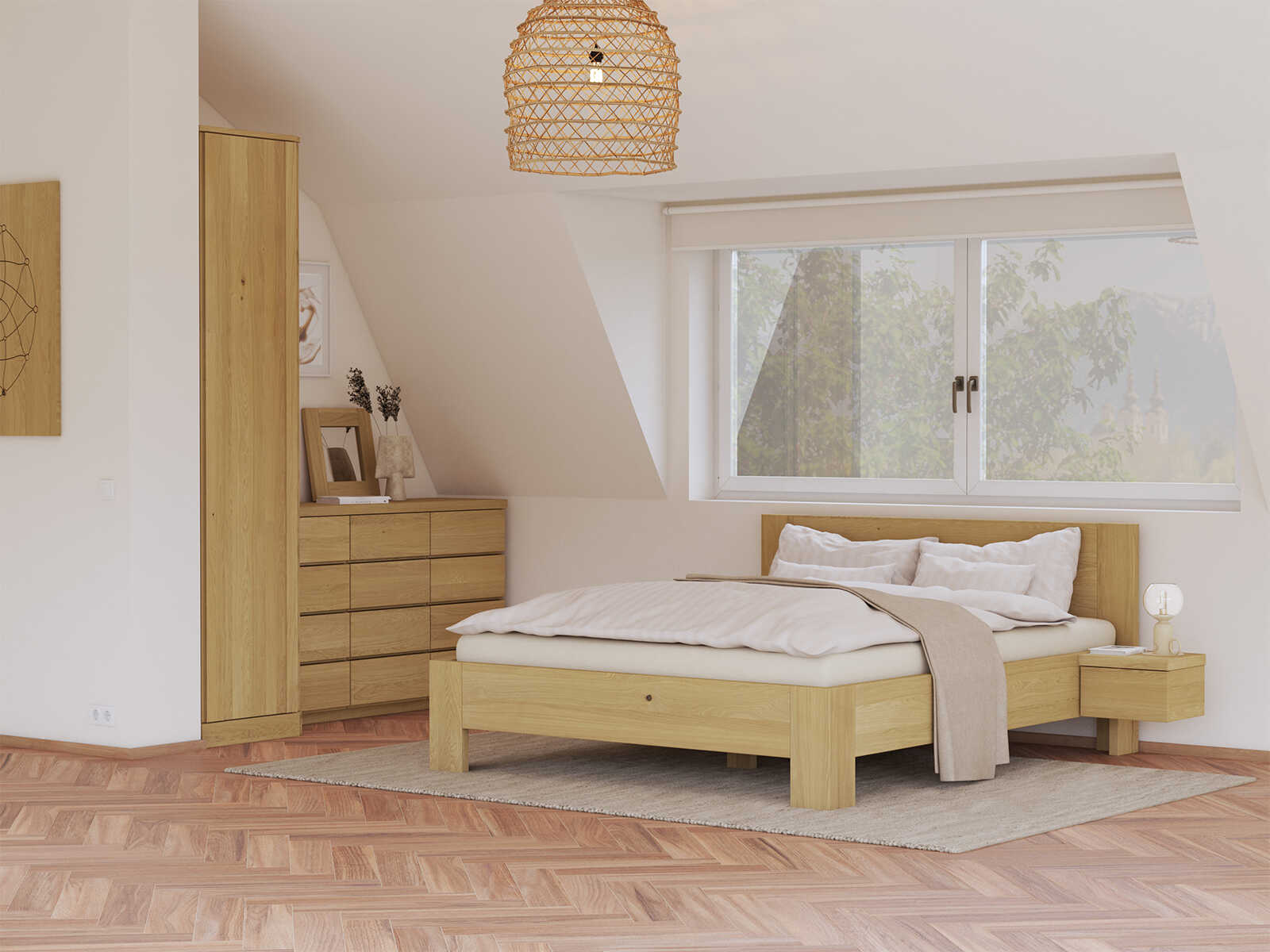Schlafzimmer mit Eichenbett Hell „Alois“ in 160 x 200 cm, mit zwei Nachttischen
