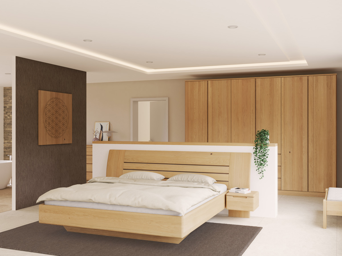 Schlafzimmer mit Eichenbett Hell „Bea“ in 180 x 200 cm