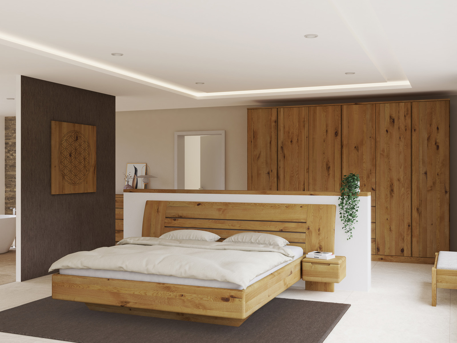 Schlafzimmer mit Wildeichenbett „Bea“ in 180 x 200 cm