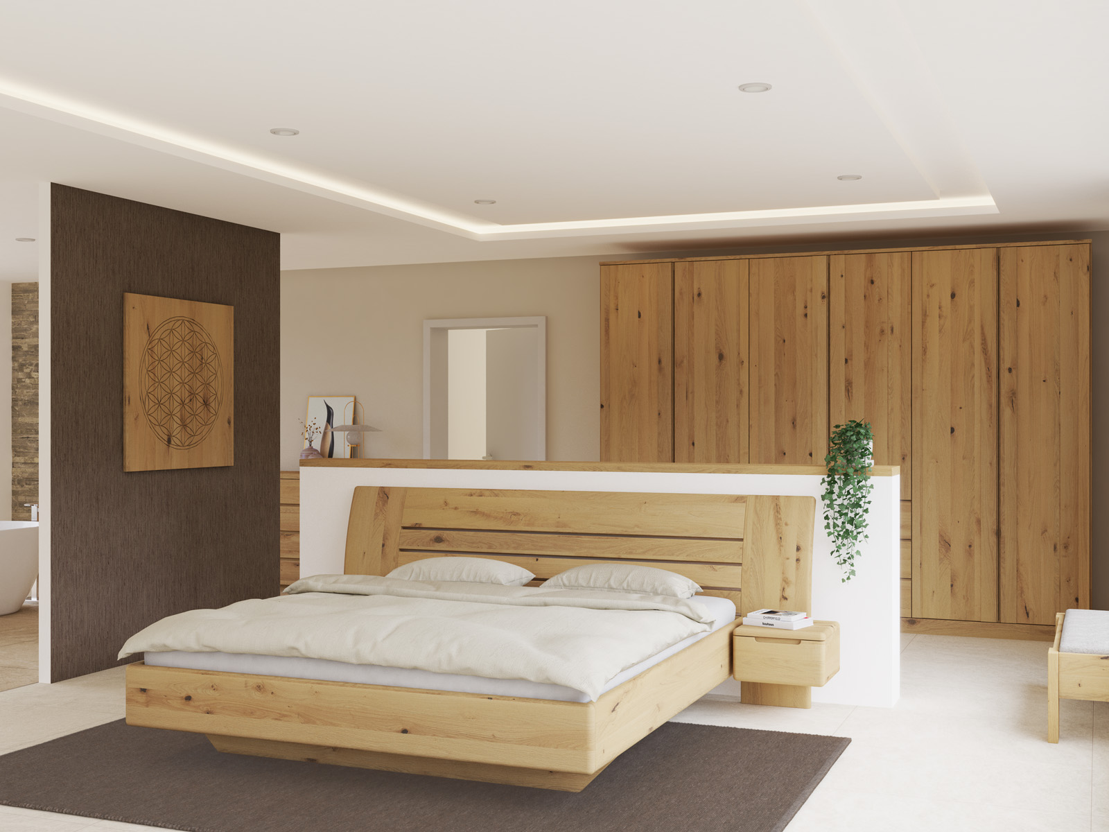 Schlafzimmer mit Wildeichenbett Hell „Bea“ in 180 x 200 cm