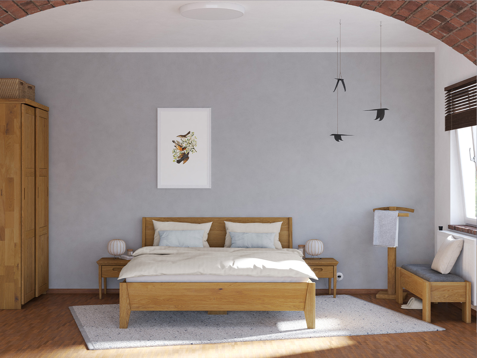 Schlafzimmer mit Nachtkästchen „Erika“ aus Massivholz in Standardhöhe