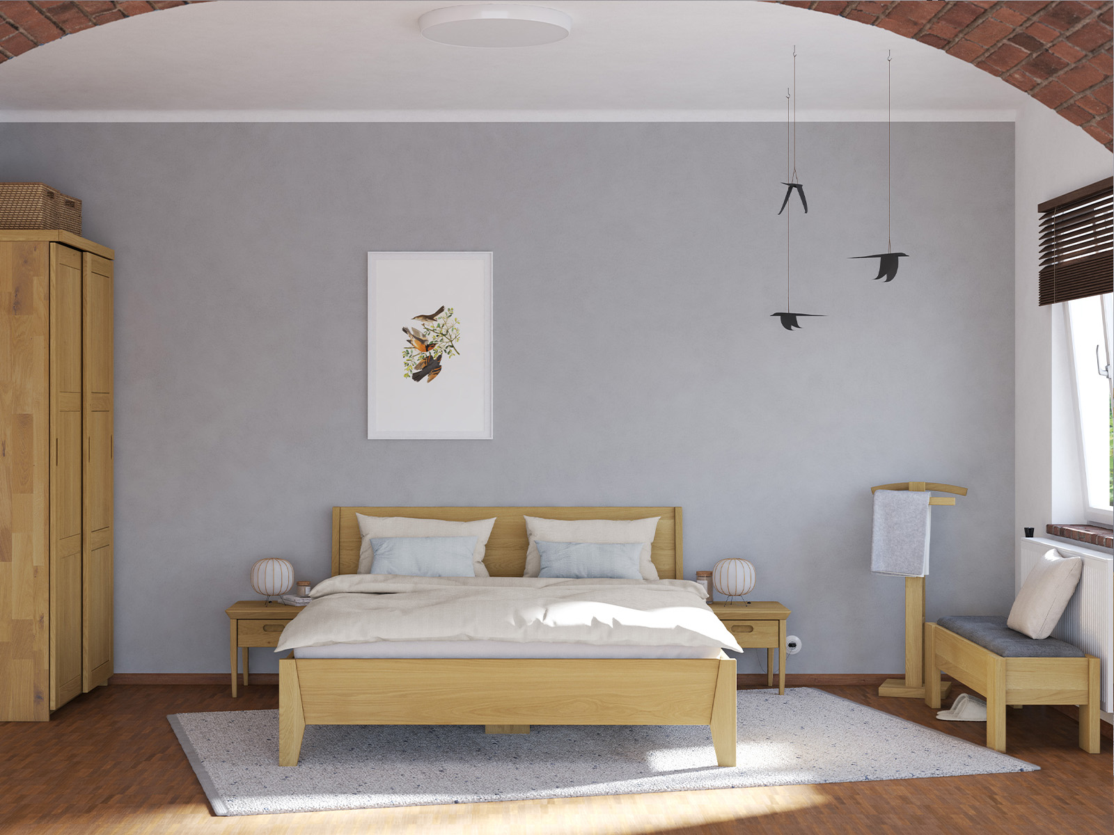 Schlafzimmer mit Nachtkästchen „Erika“ aus Eiche Hell in Standardhöhe