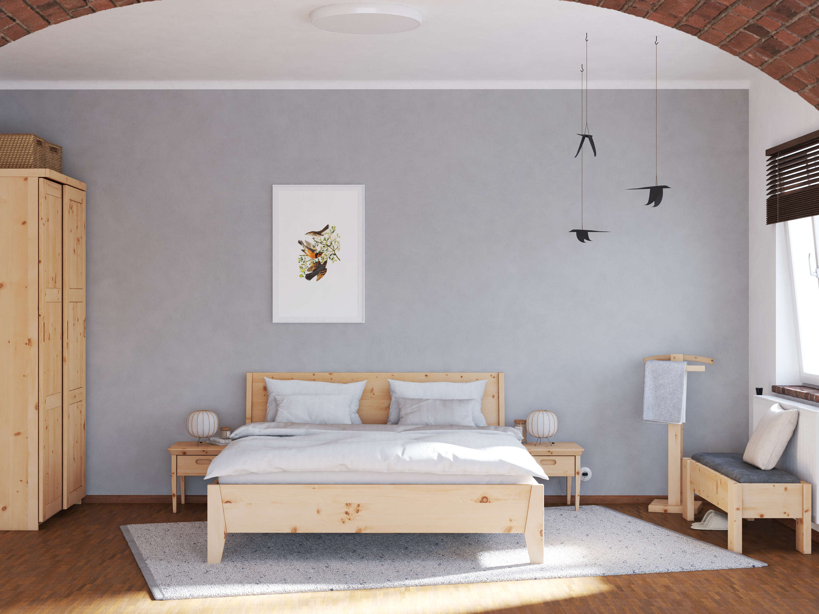 Schlafzimmer mit Zirbenbett „Benjamin“ in 180 x 200 cm
