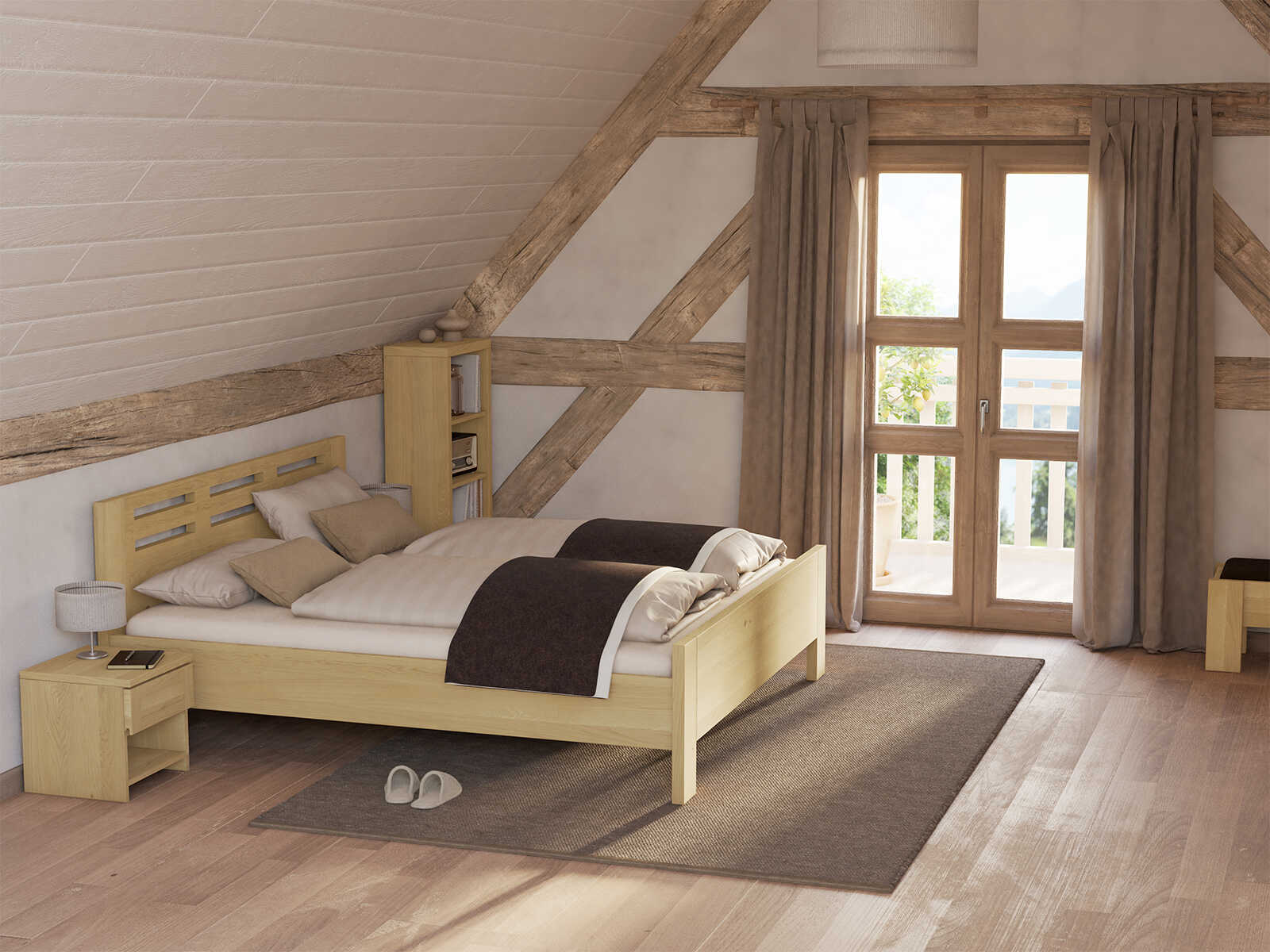 Schlafzimmer mit Bett „Bernhard“ aus Eiche Hell