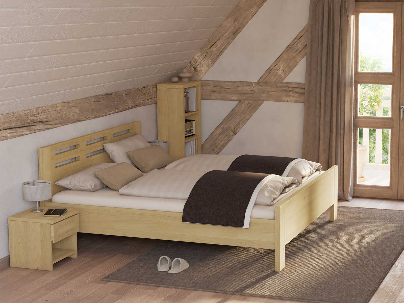 Schlafzimmer mit Bett „Bernhard“ aus Eiche Hell mit Kopfteil „Querbalken“, ohne erhöhtem Fußteil
