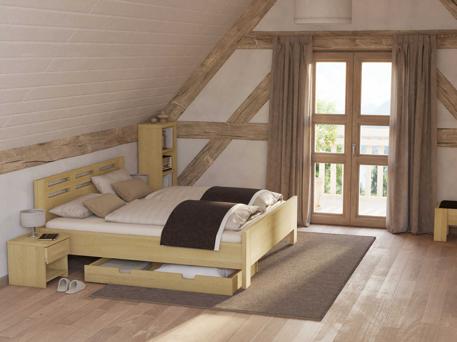 Schlafzimmer mit Bettkasten „Sebastian“ aus Eiche Hell in 140 x 77,5 cm