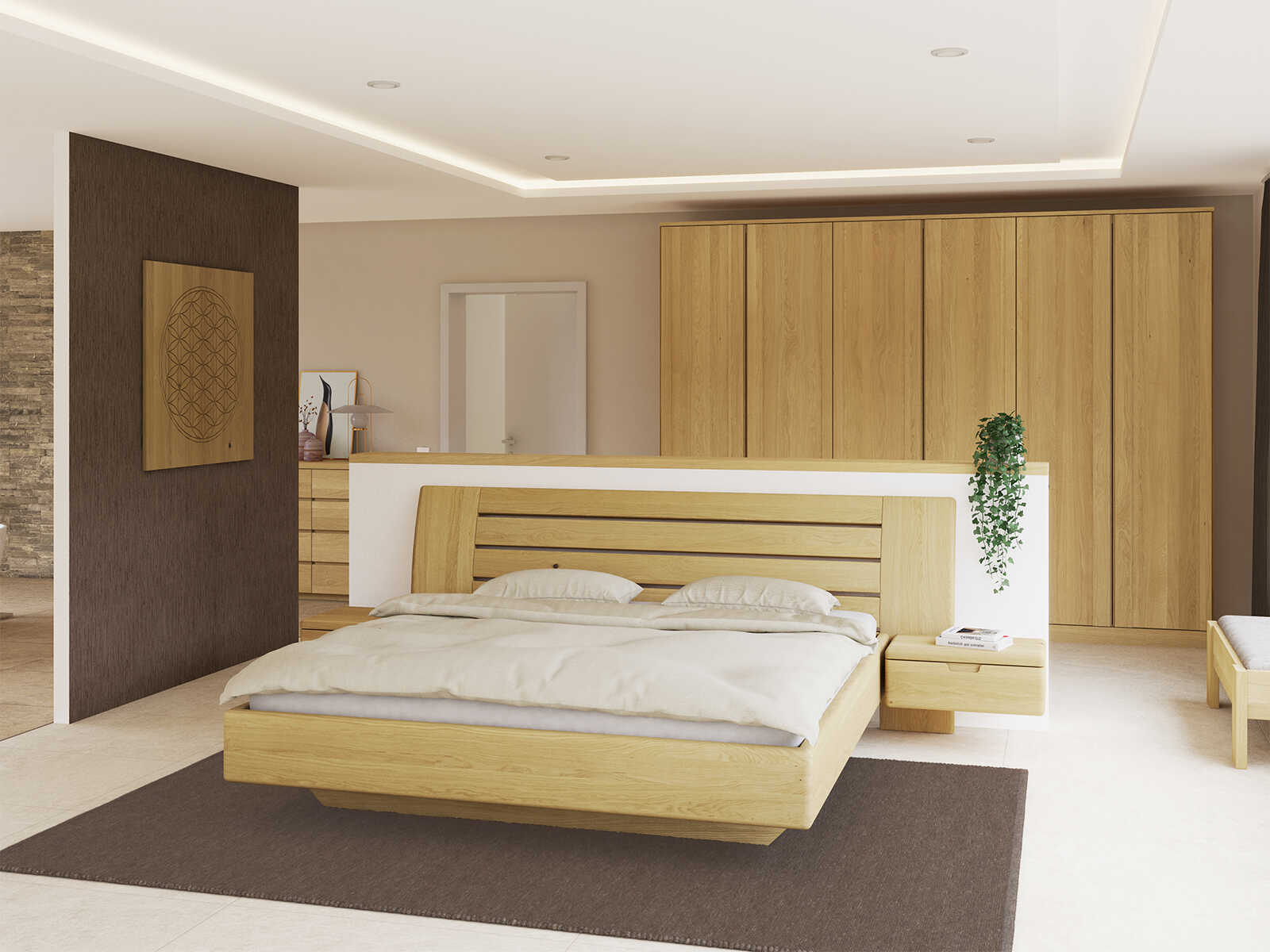 Schlafzimmer mit Bett „Bettina“ aus Eiche Hell in 180 x 200 cm, mit zwei Nachttische (60 cm breit)