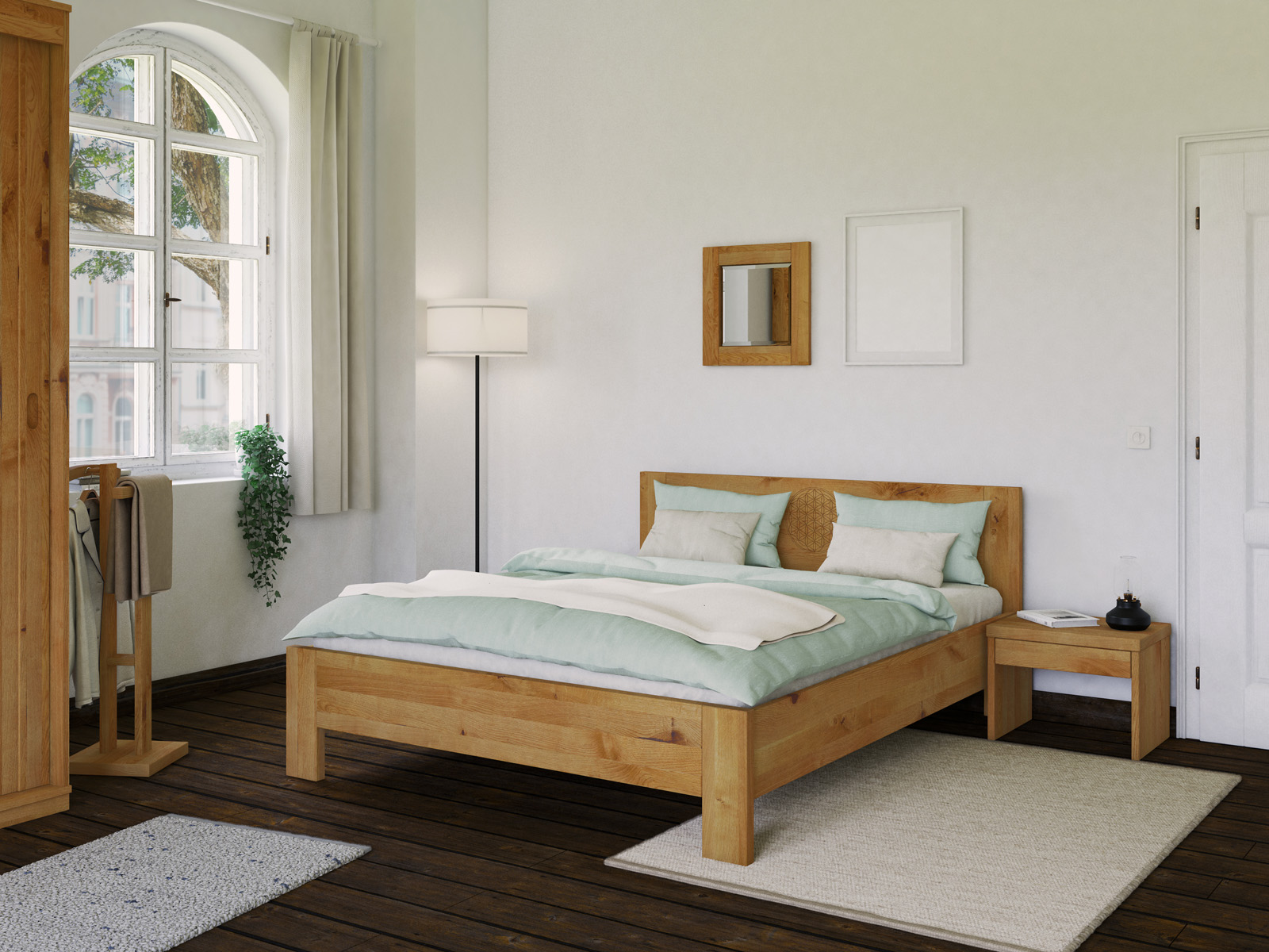 Schlafzimmer mit Wildeichenbett „Blume des Lebens“ in 180 x 200 cm, ohne erhöhtem Fußteil