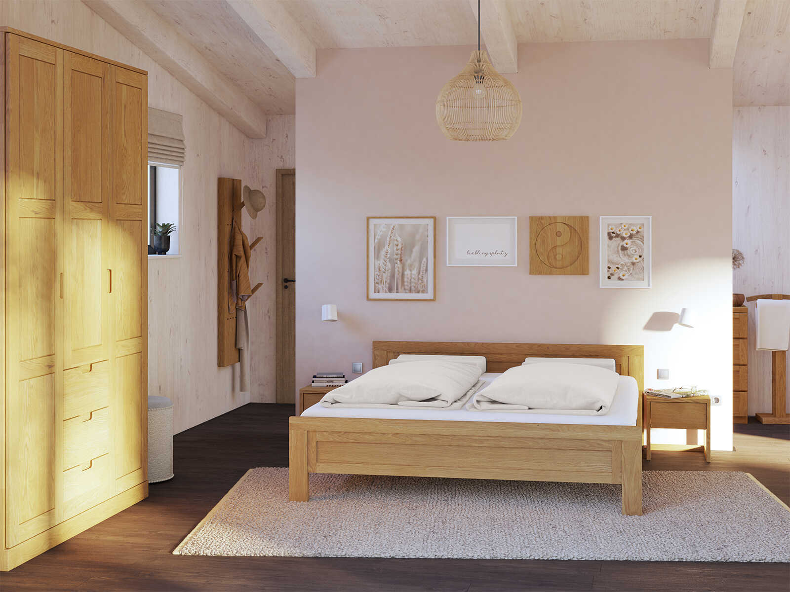 Schlafzimmer mit Eichenbett „Christina“ in 180 x 200 cm