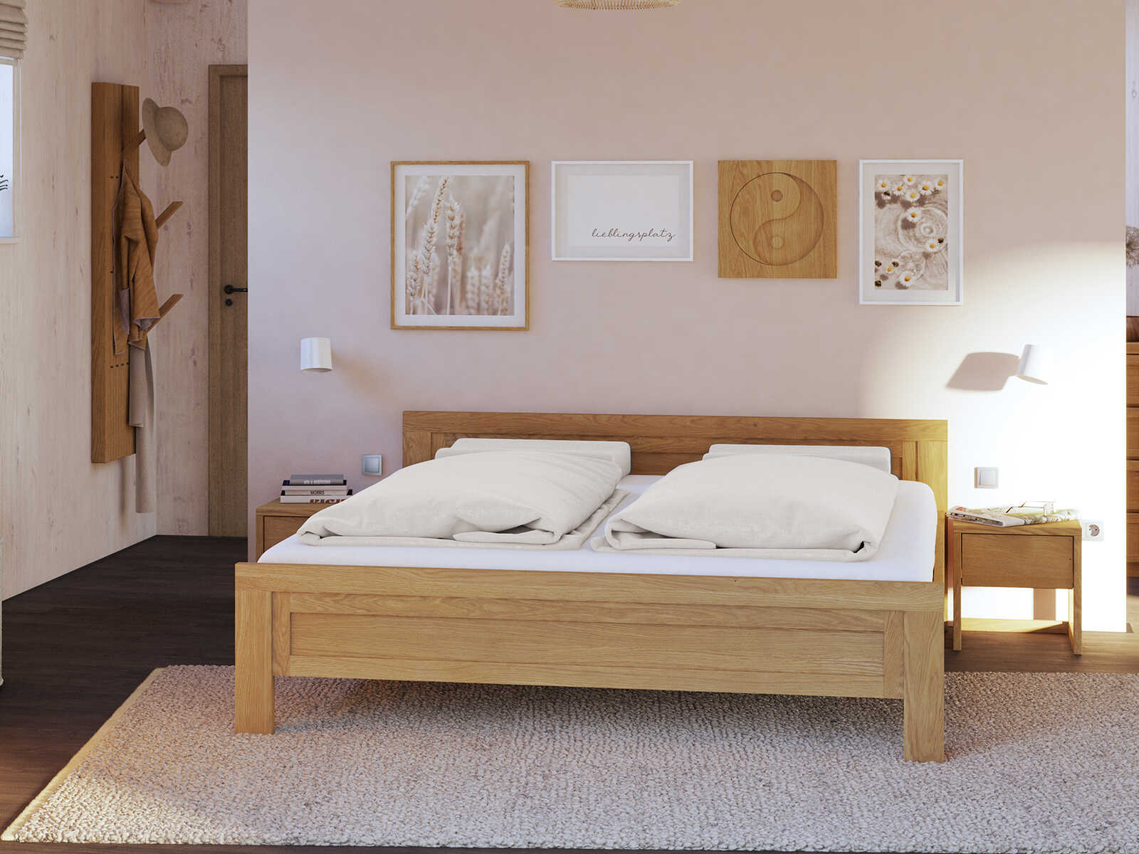 Schlafzimmer mit Nachtkästchen „Selina“ aus Massivholz in Standardhöhe