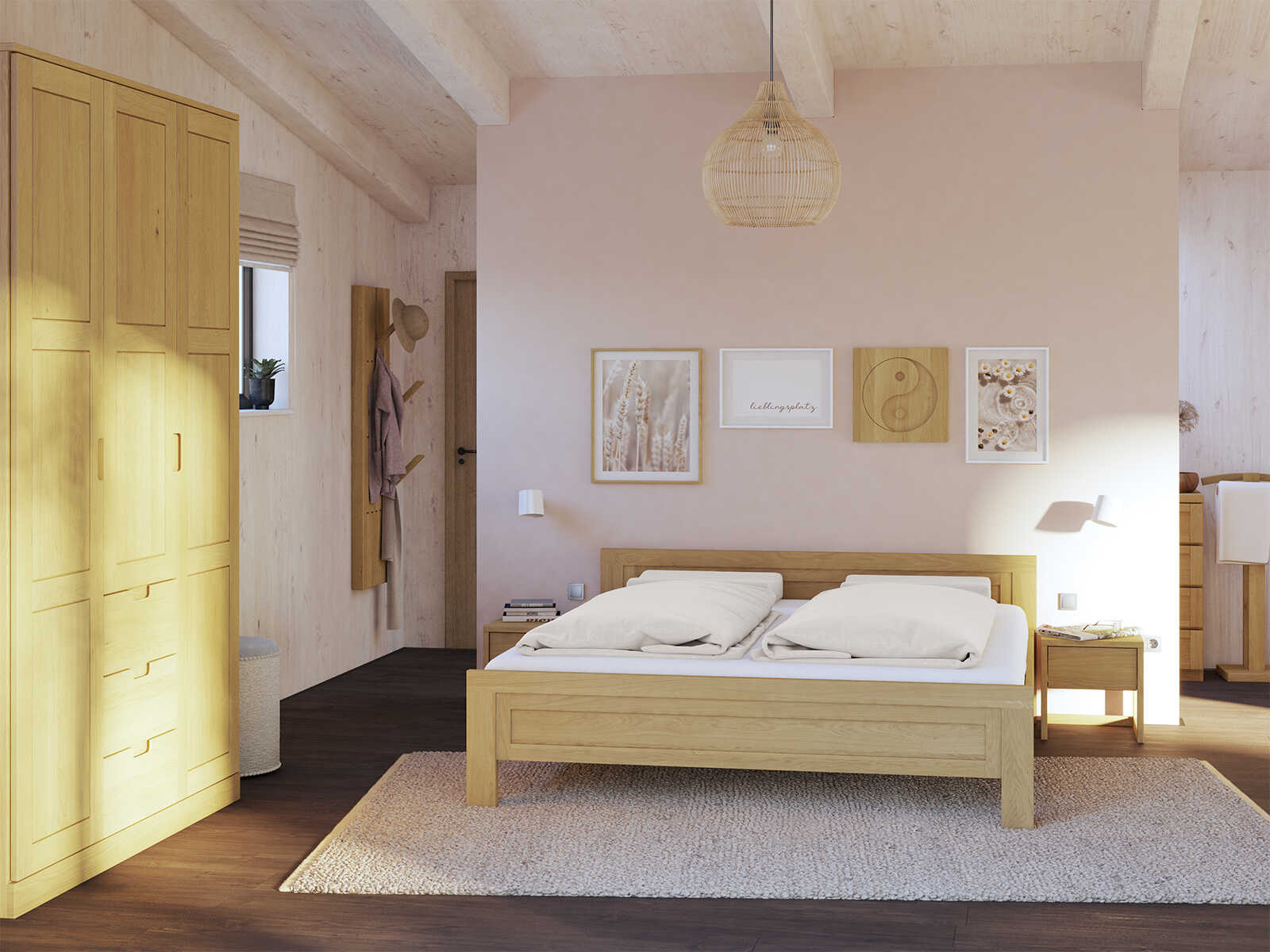 Schlafzimmer mit Eichenbett Hell „Christina“ in 180 x 200 cm