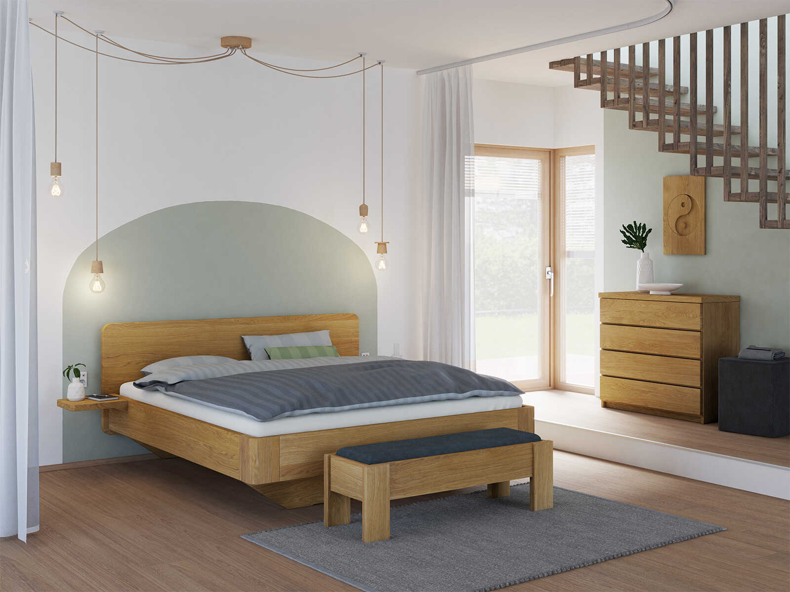 Schlafzimmer mit Eichenbett „Clara“ in 180 x 200 cm, mit zwei Ablagen