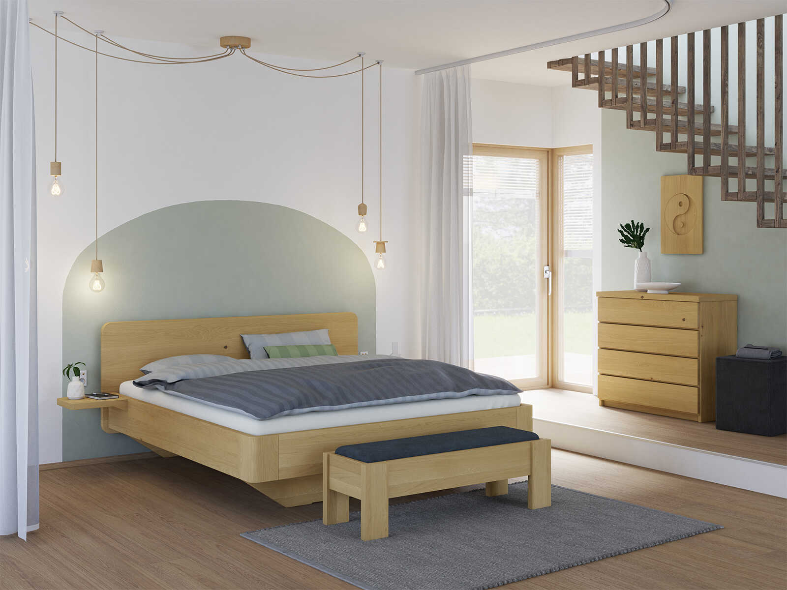 Schlafzimmer mit Eichenbett Hell „Clara“ in 180 x 200 cm, mit zwei Ablagen
