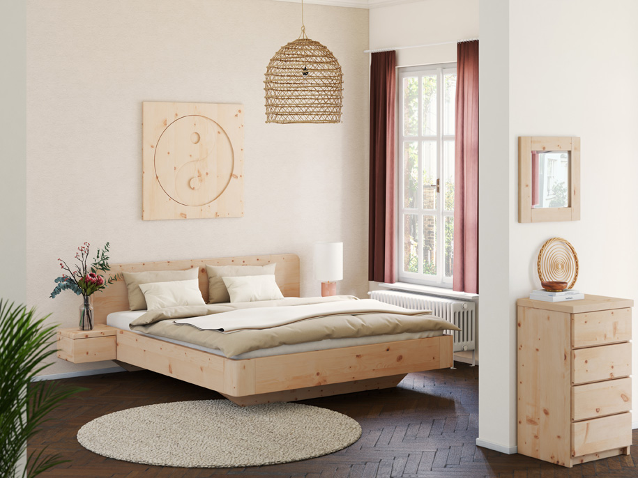 Schlafzimmer mit Zirbenholzbett „Clara“ in 180 x 200 cm