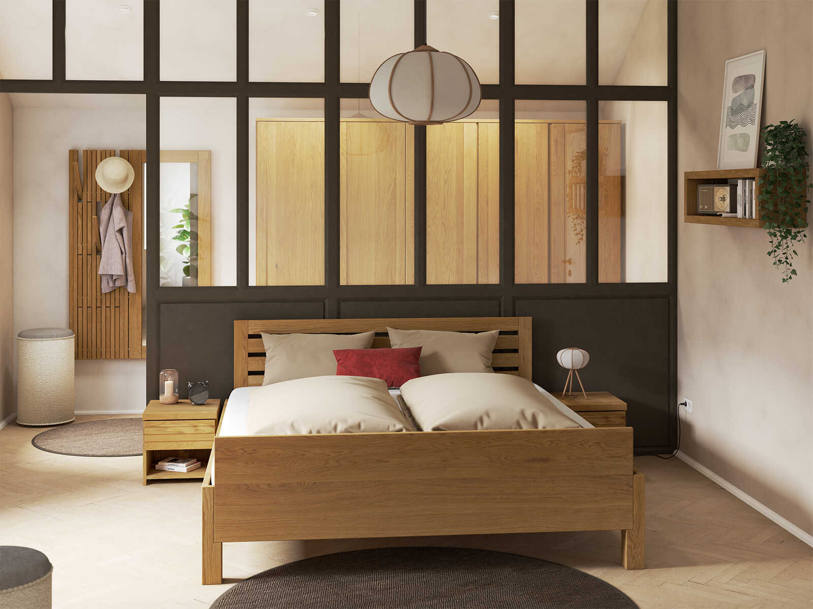 Schlafzimmer mit Bett „Daniel“ aus Eiche 180 x 200 cm - mit erhöhtem Fußteil und Kopfteil „Querbalken“