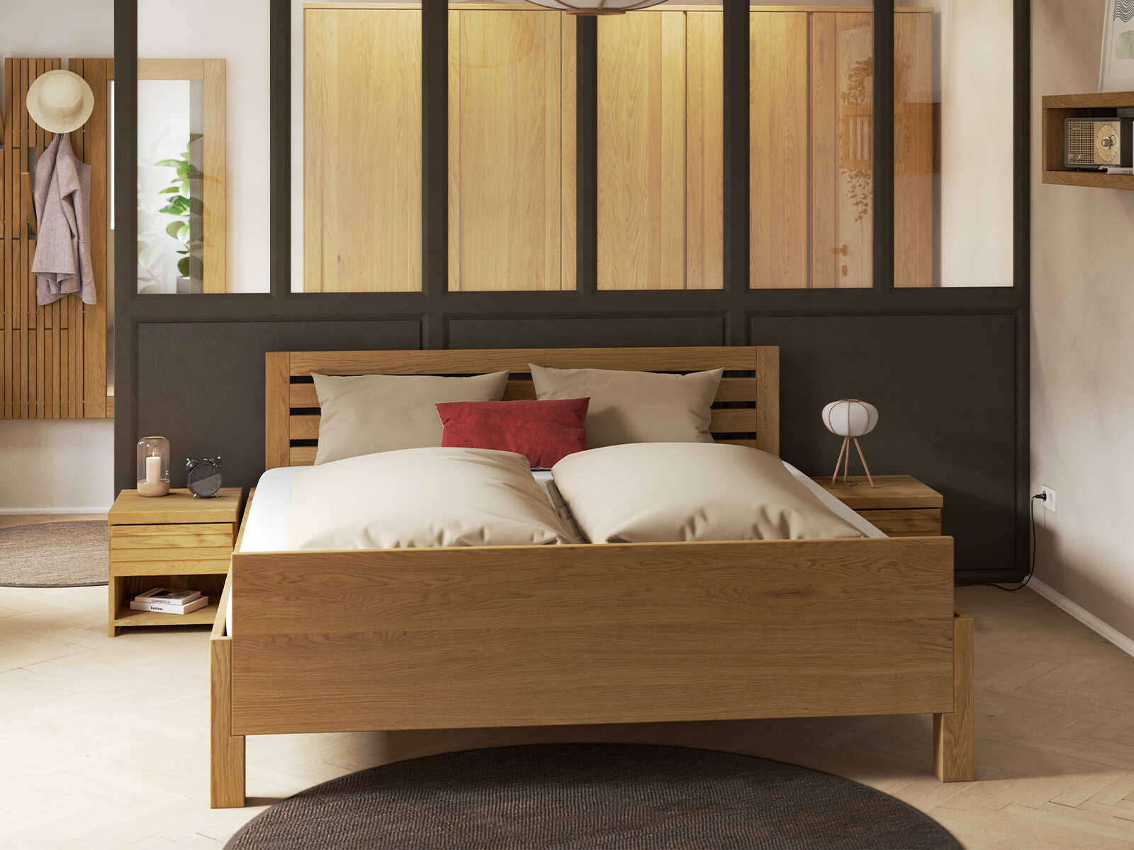 Bett „Daniel“ aus Massivholz 180 x 200 cm - mit erhöhtem Fußteil und Kopfteil „Querbalken“