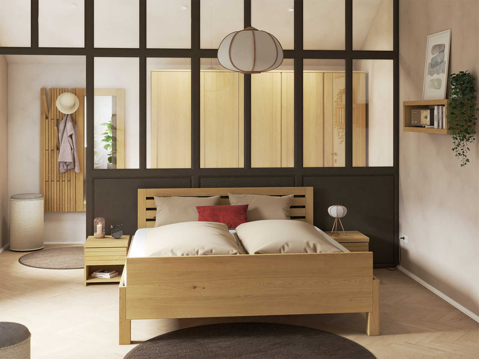 Schlafzimmer mit Bett „Daniel“ aus Eiche Hell 180 x 200 cm - mit erhöhtem Fußteil und Kopfteil „Querbalken“