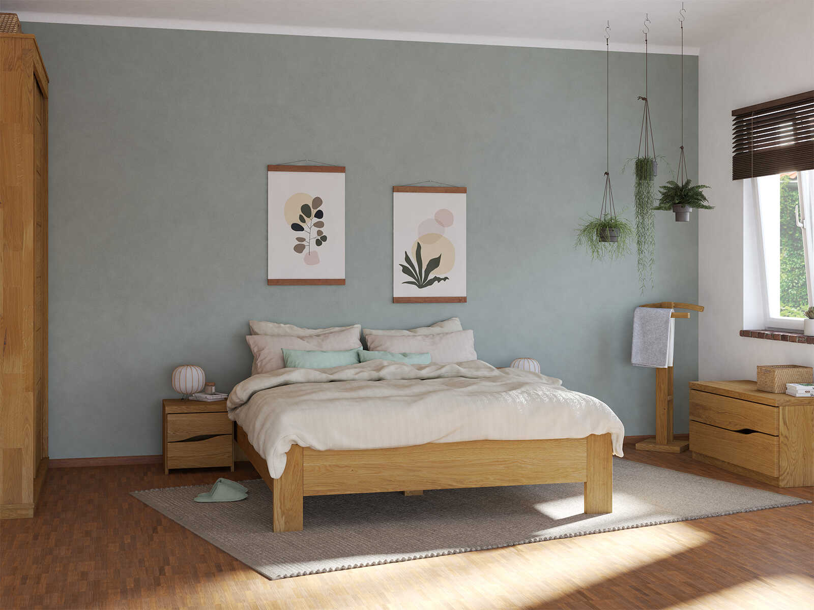 Schlafzimmer mit Eichenbett „Frida“ in 180 x 200 cm