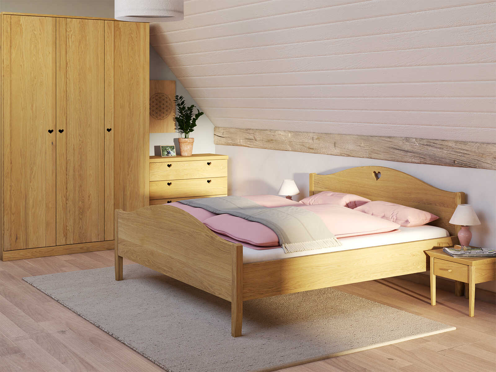 Schlafzimmer mit Eichenbett „Hermine“ 180 x 200 cm -  mit niedrigem runden Fußteil und mit Kopfteil „Herz“
