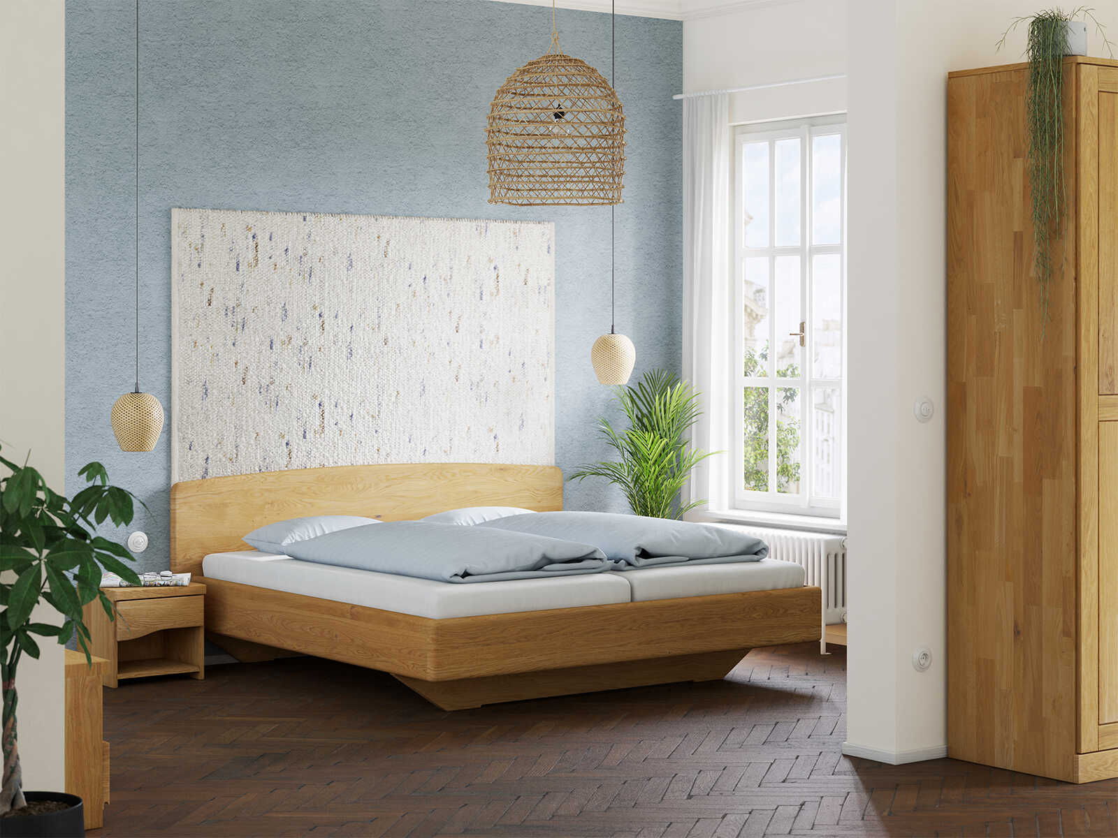 Schlafzimmer mit Bett „Johanna“ aus Eiche in 180 x 200 cm
